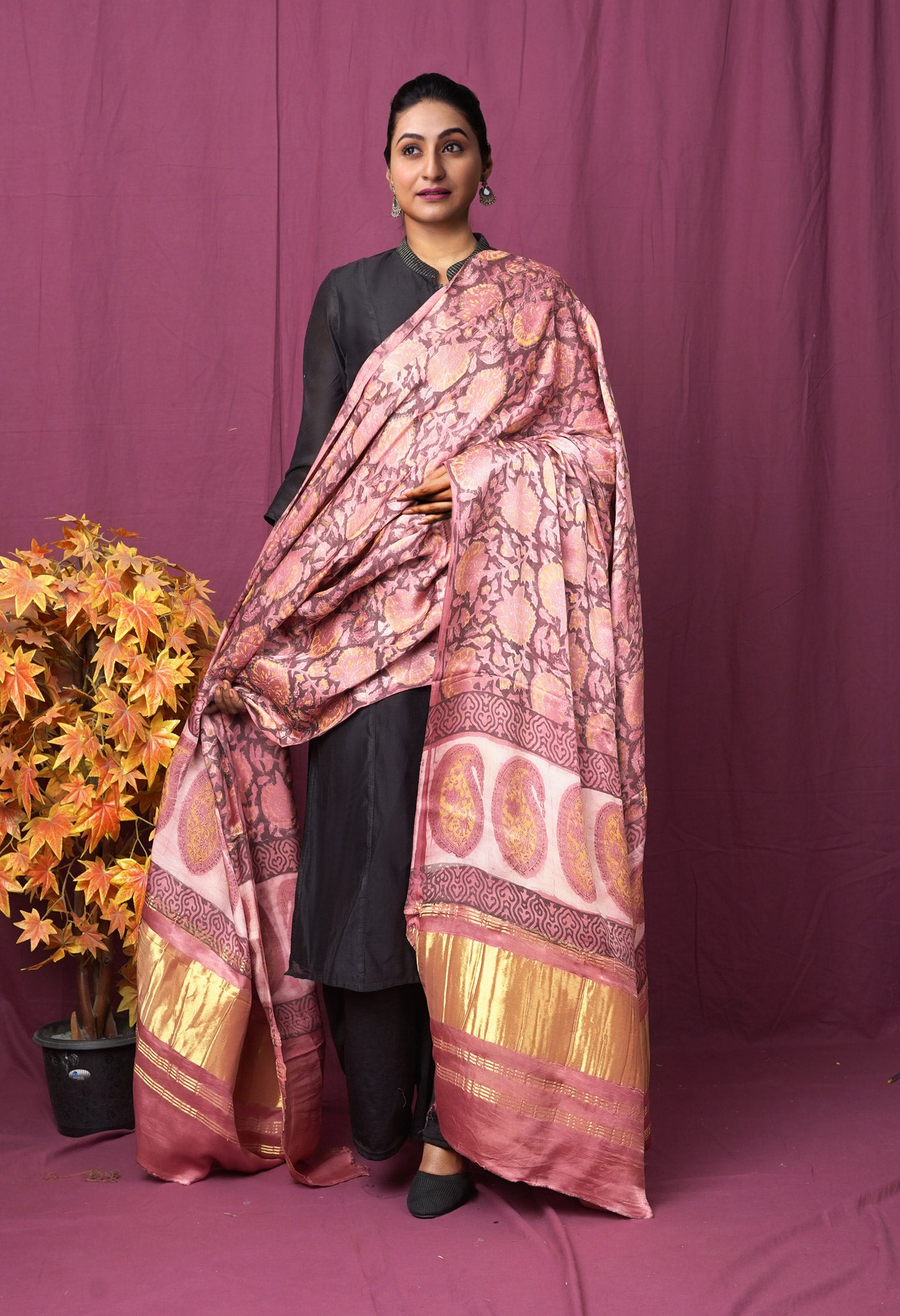 Peach Pink Pure Vanaspathi Block Printed Gaji Silk Dupatta-UDS5901