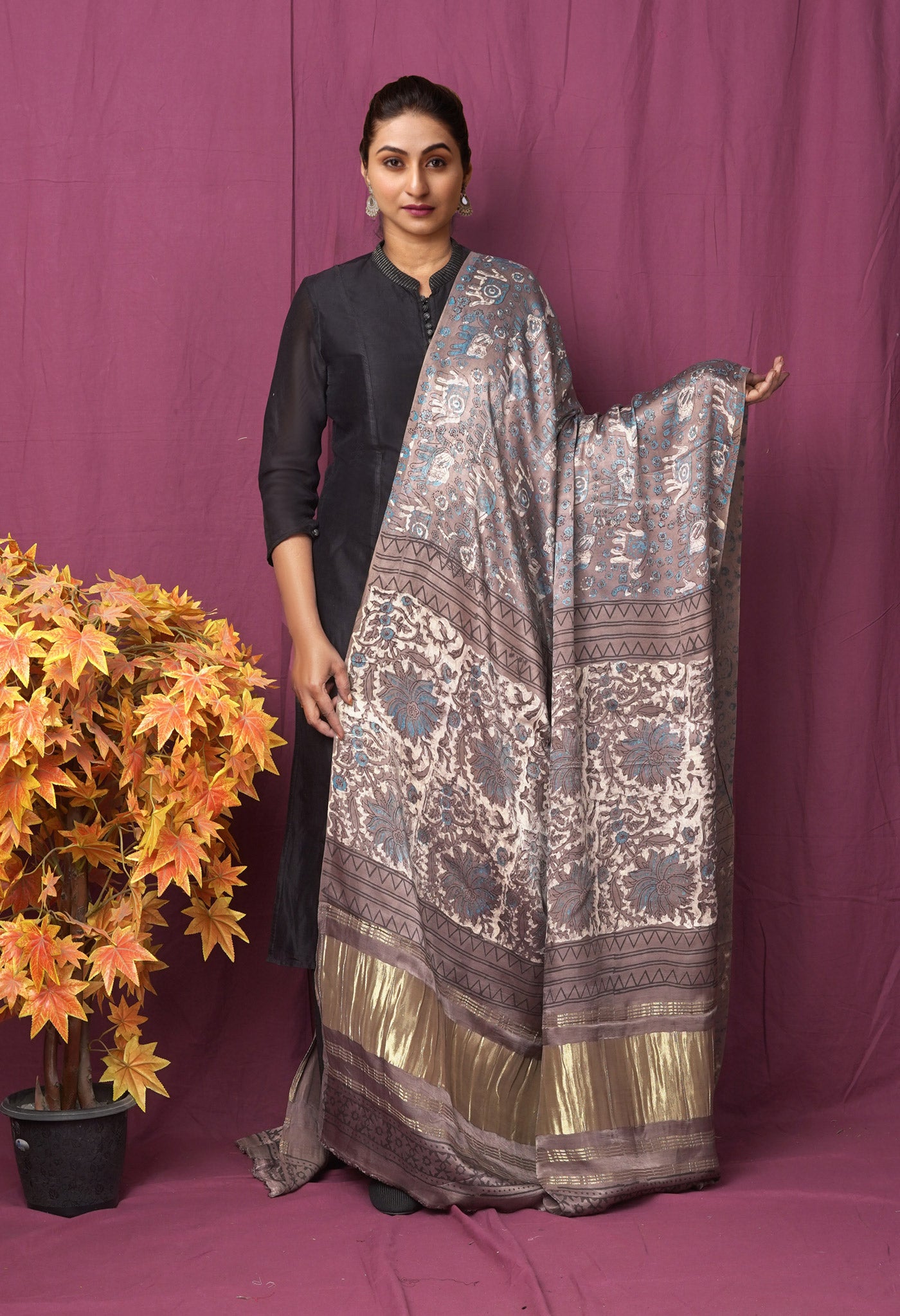 Grey Pure Vanaspathi Block Printed Gaji Silk Dupatta-UDS5902