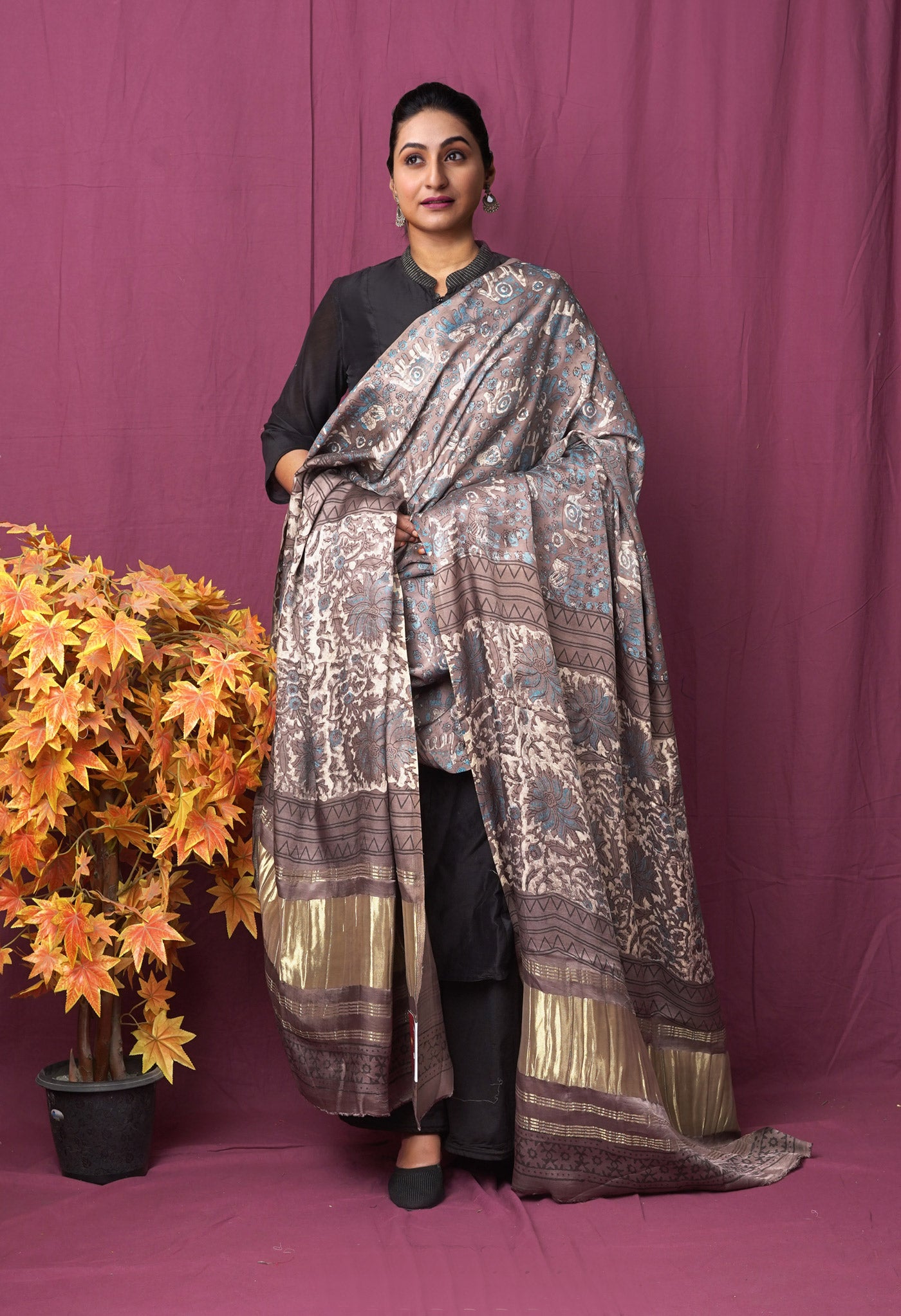 Grey Pure Vanaspathi Block Printed Gaji Silk Dupatta-UDS5902