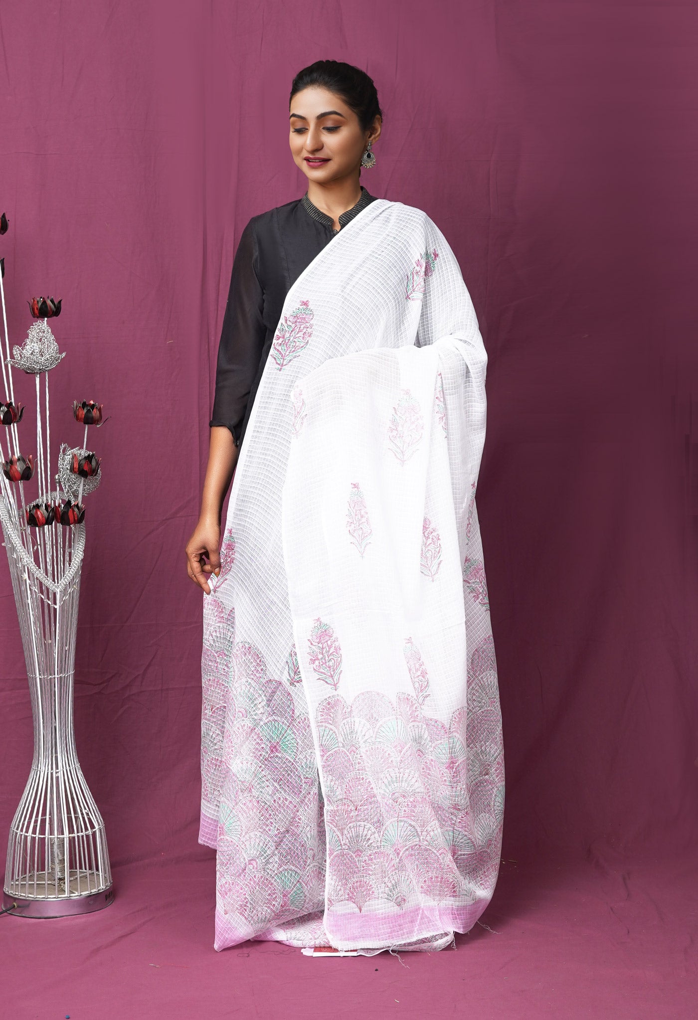 White Pure Hand Block Printed Kota Dupatta-UDS5903