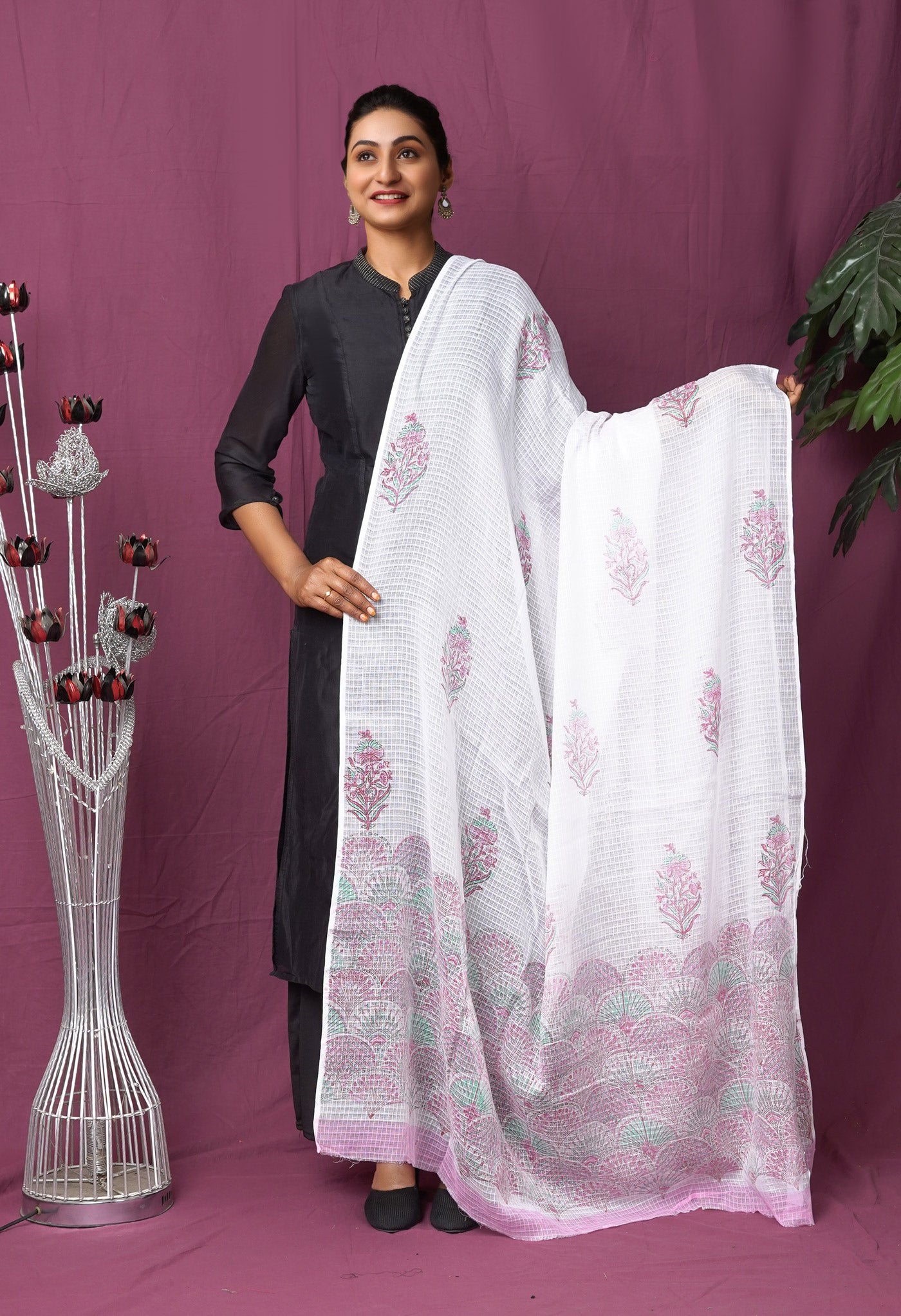 White Pure Hand Block Printed Kota Dupatta-UDS5903