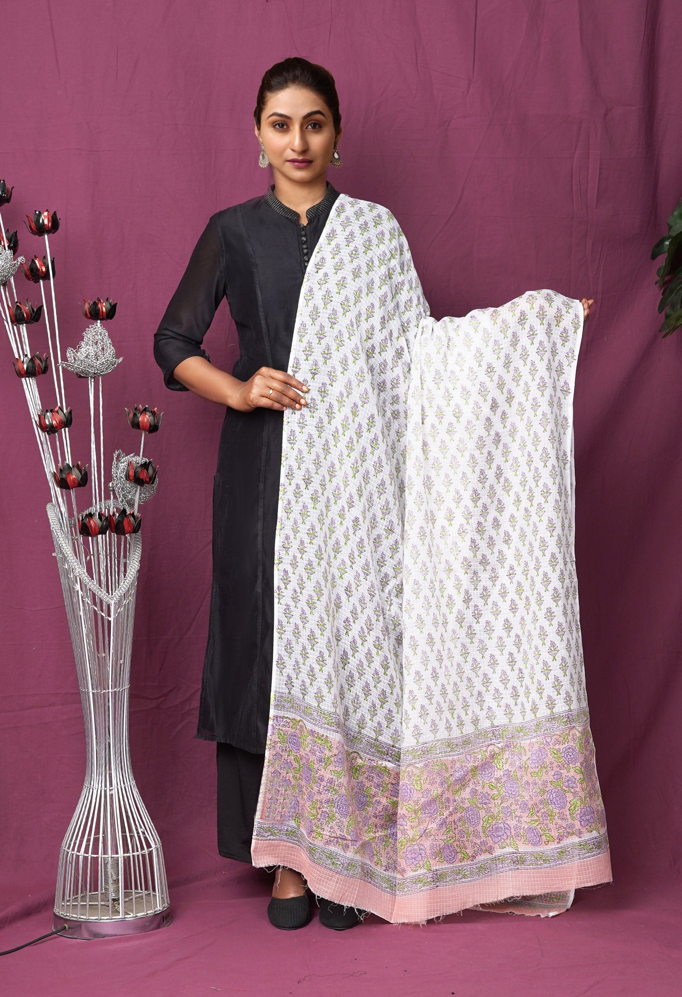 White Pure Hand Block Printed Kota Dupatta-UDS5904