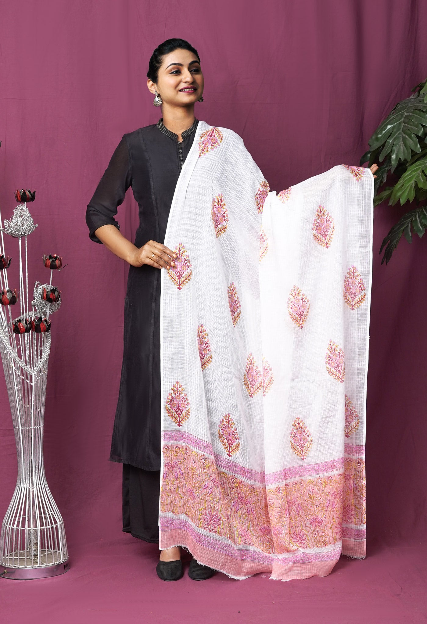 White Pure Hand Block Printed Kota Dupatta-UDS5905