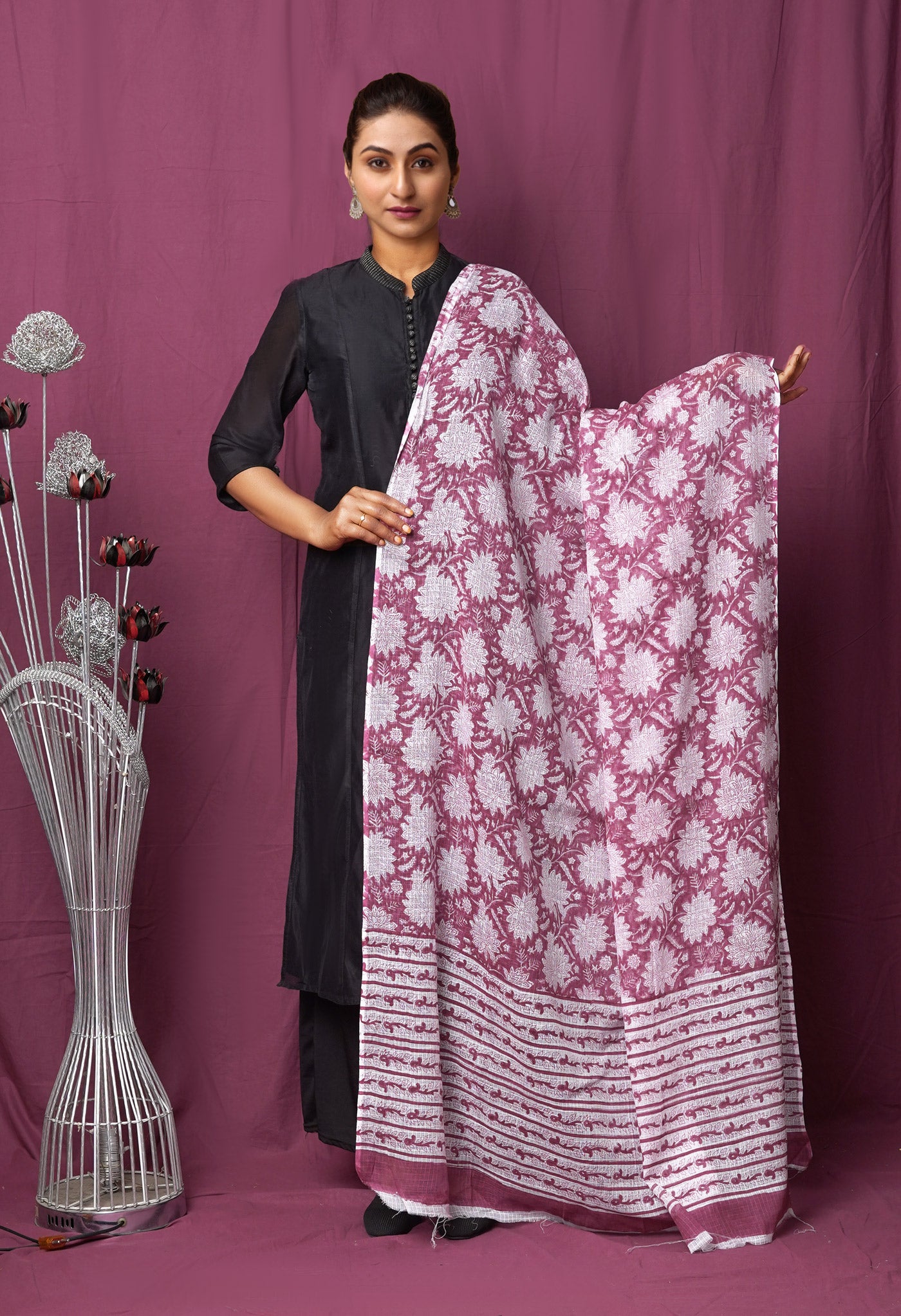 Burgundy Pure Hand Block Printed Kota Dupatta-UDS5907