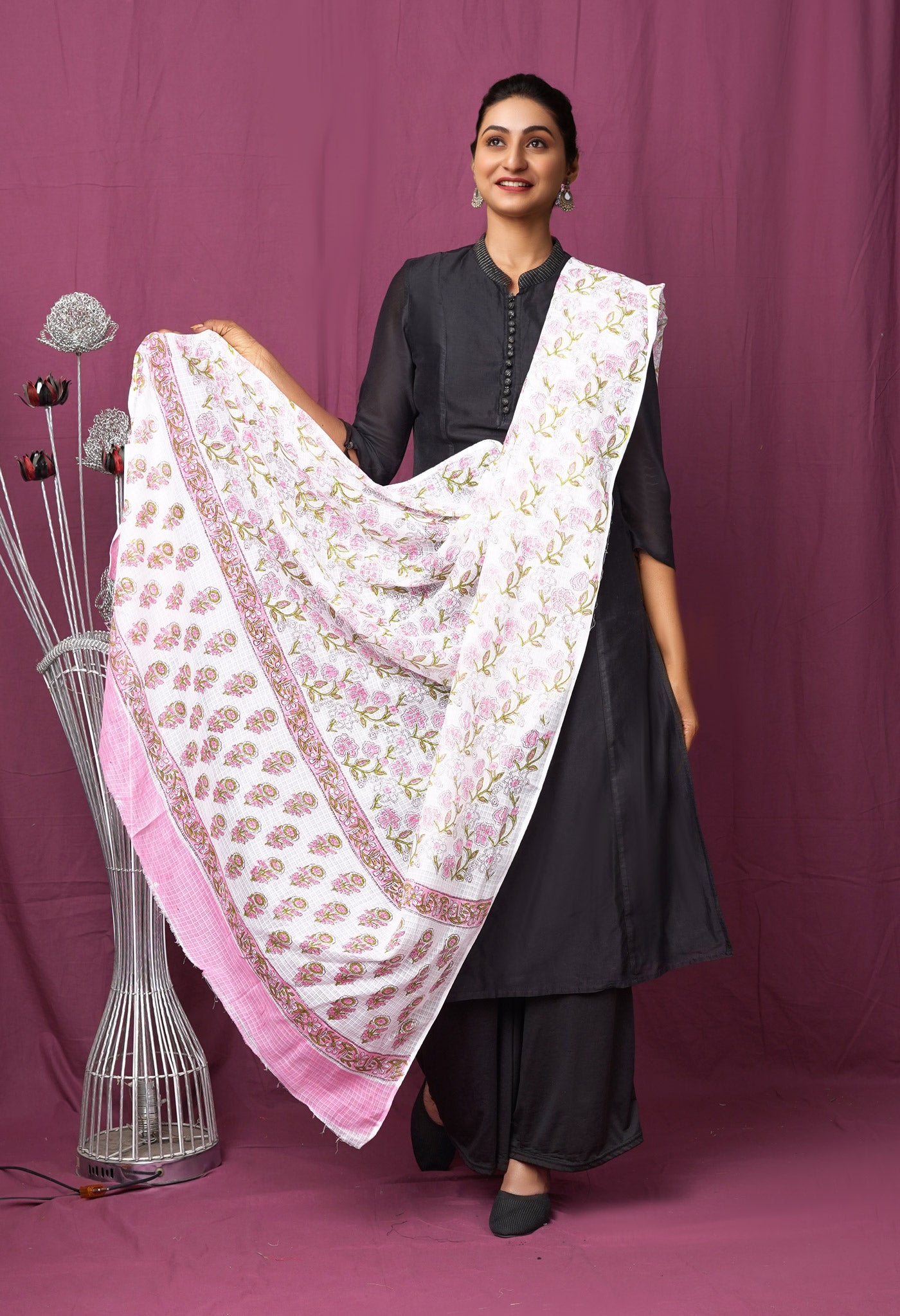 White Pure Hand Block Printed Kota Dupatta-UDS5908