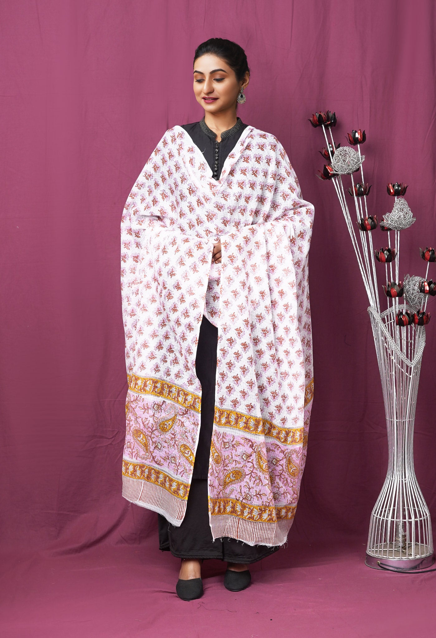 White Pure Hand Block Printed Kota Dupatta-UDS5908