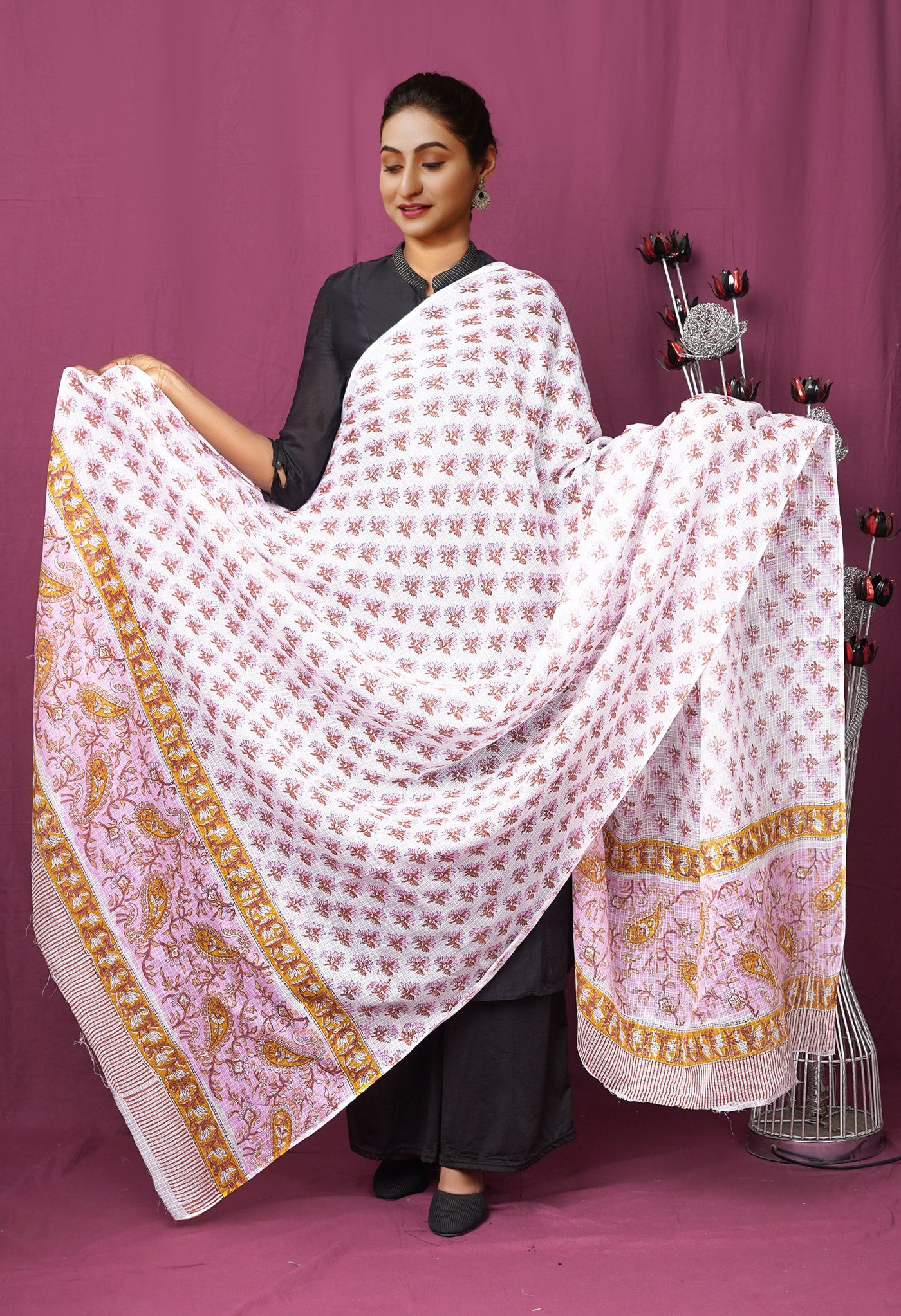 White Pure Hand Block Printed Kota Dupatta-UDS5909