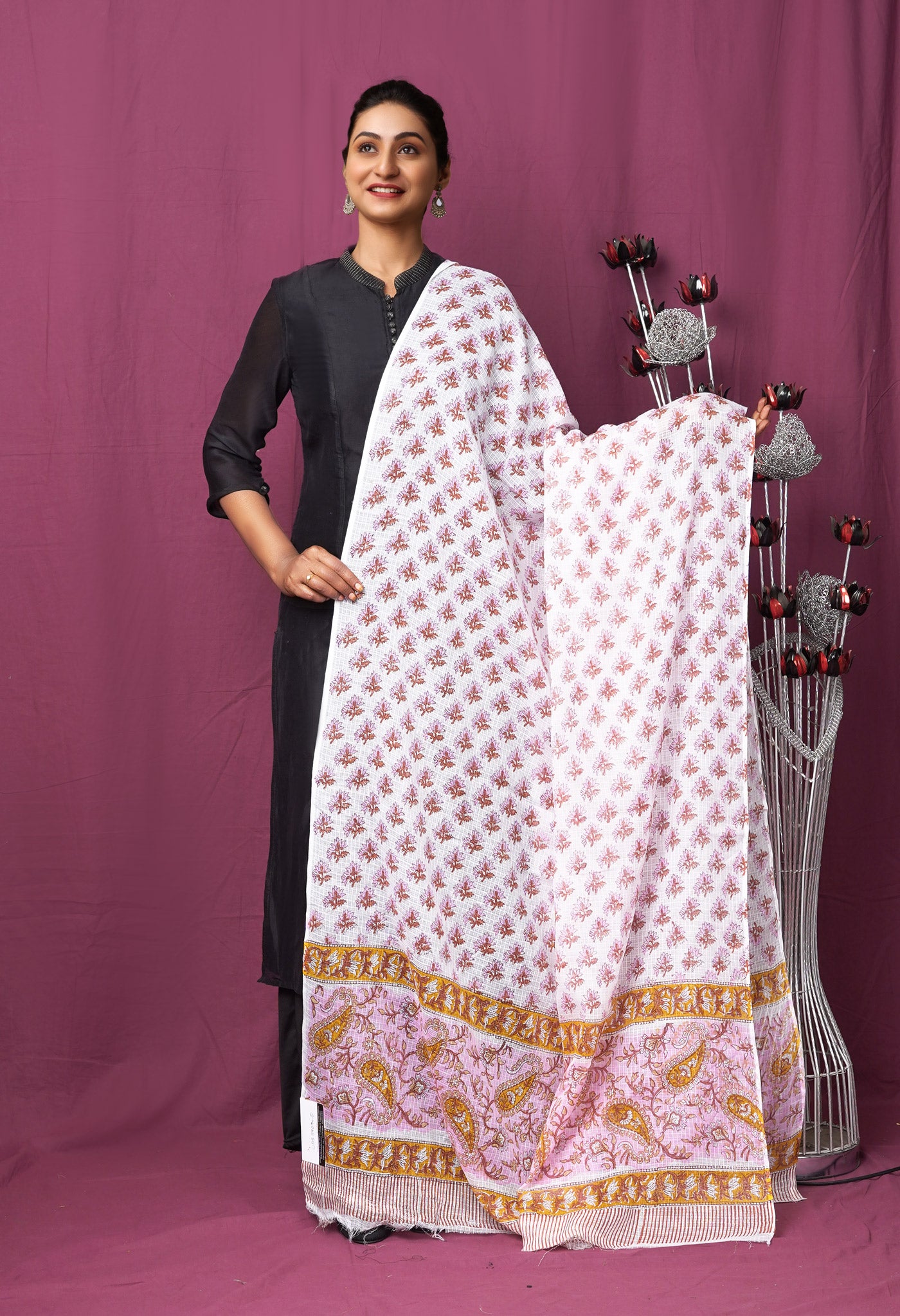 White Pure Hand Block Printed Kota Dupatta-UDS5909