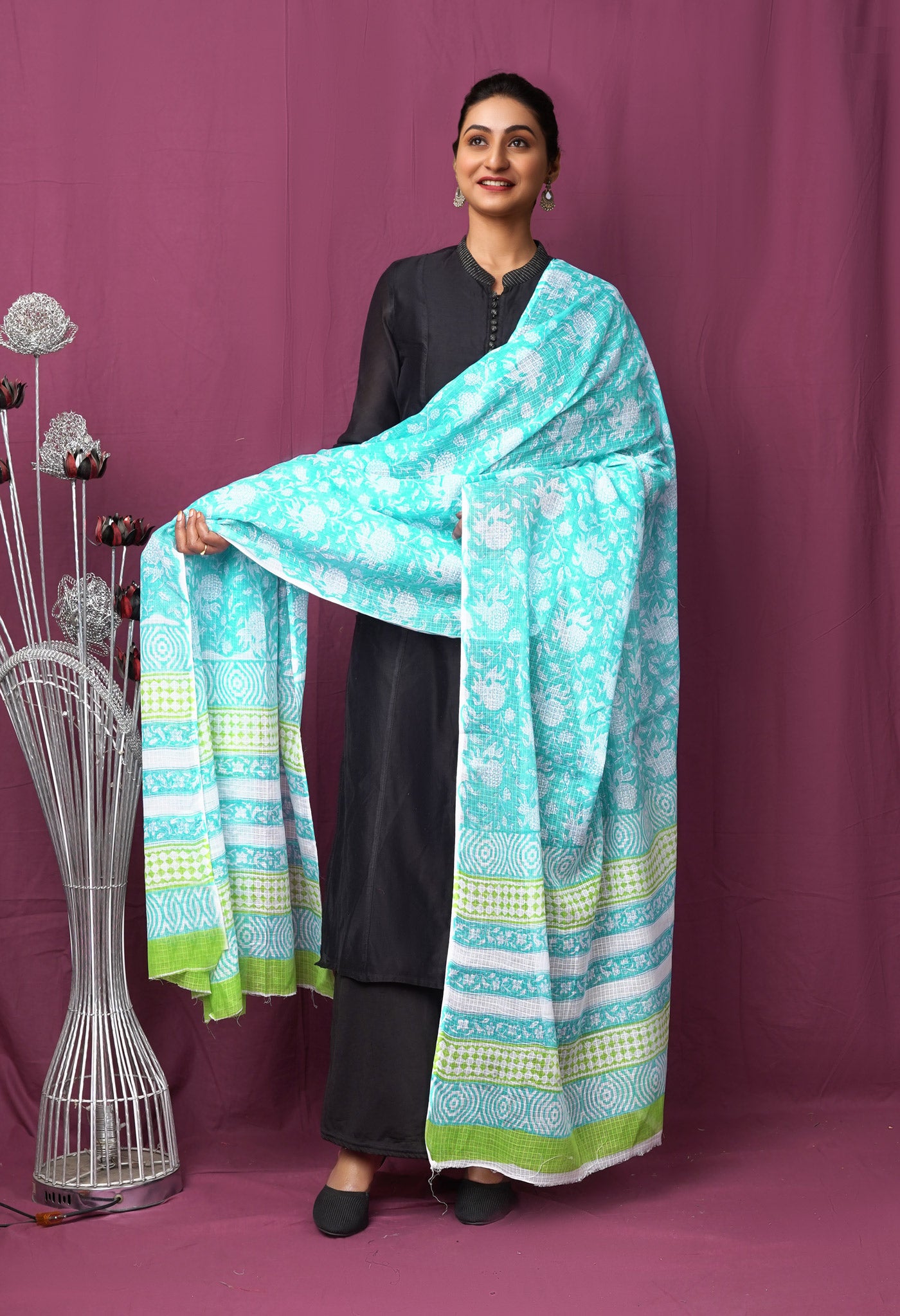 Turquoise Blue Pure Hand Block Printed Kota Dupatta-UDS5910