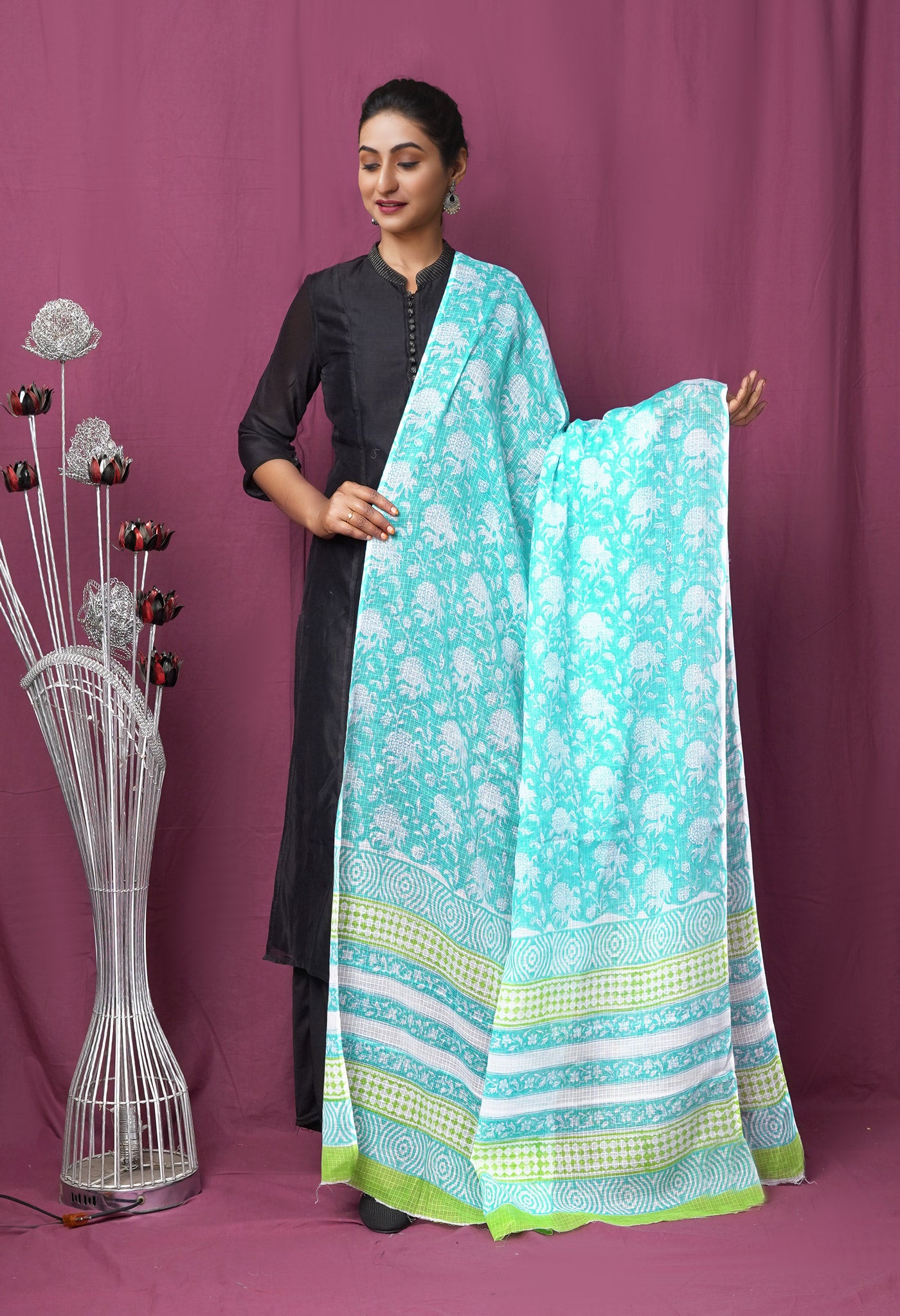 Turquoise Blue Pure Hand Block Printed Kota Dupatta-UDS5910