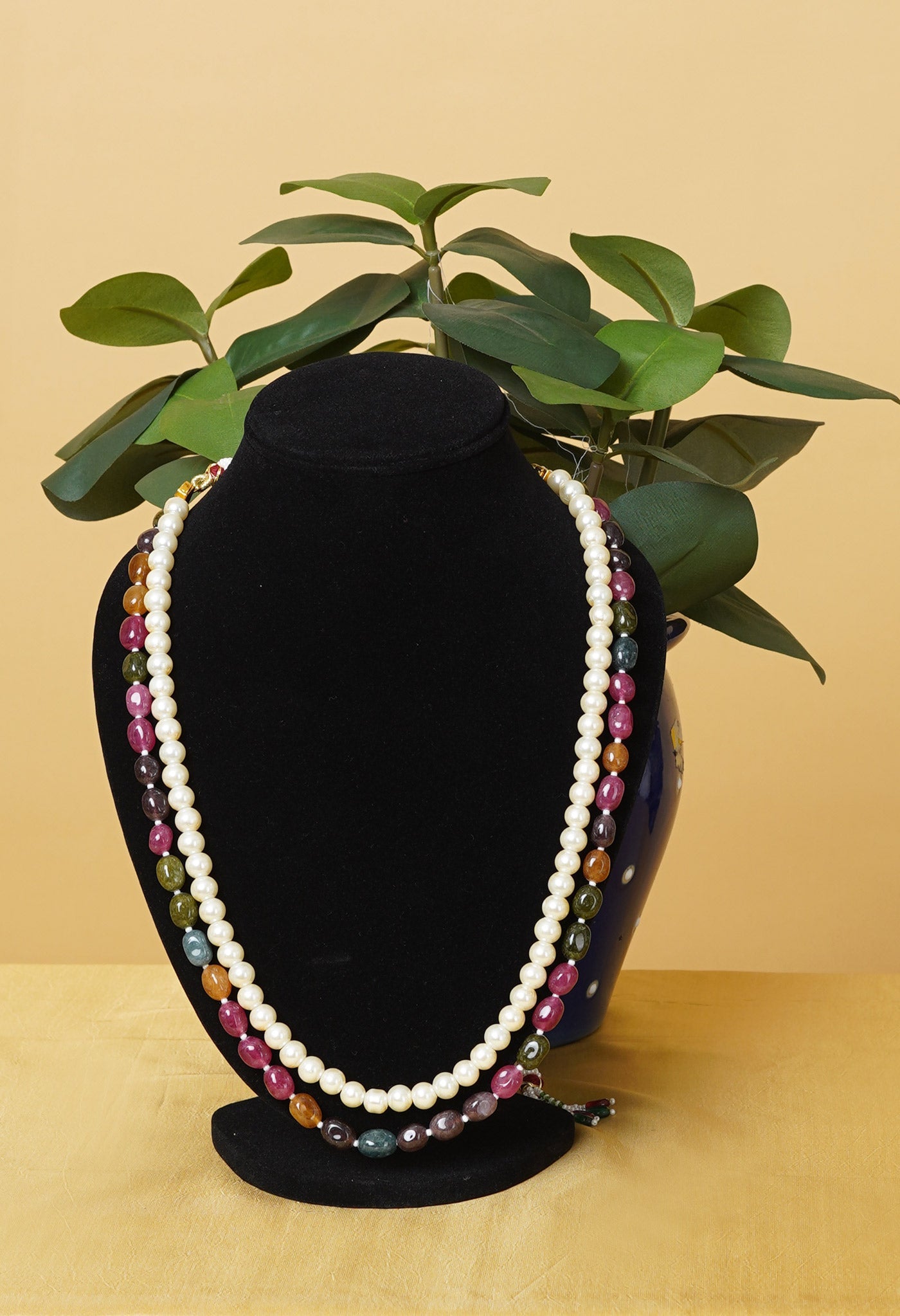 White-Pink Amravati Pearls with Oval Beads Necklace-UJ485