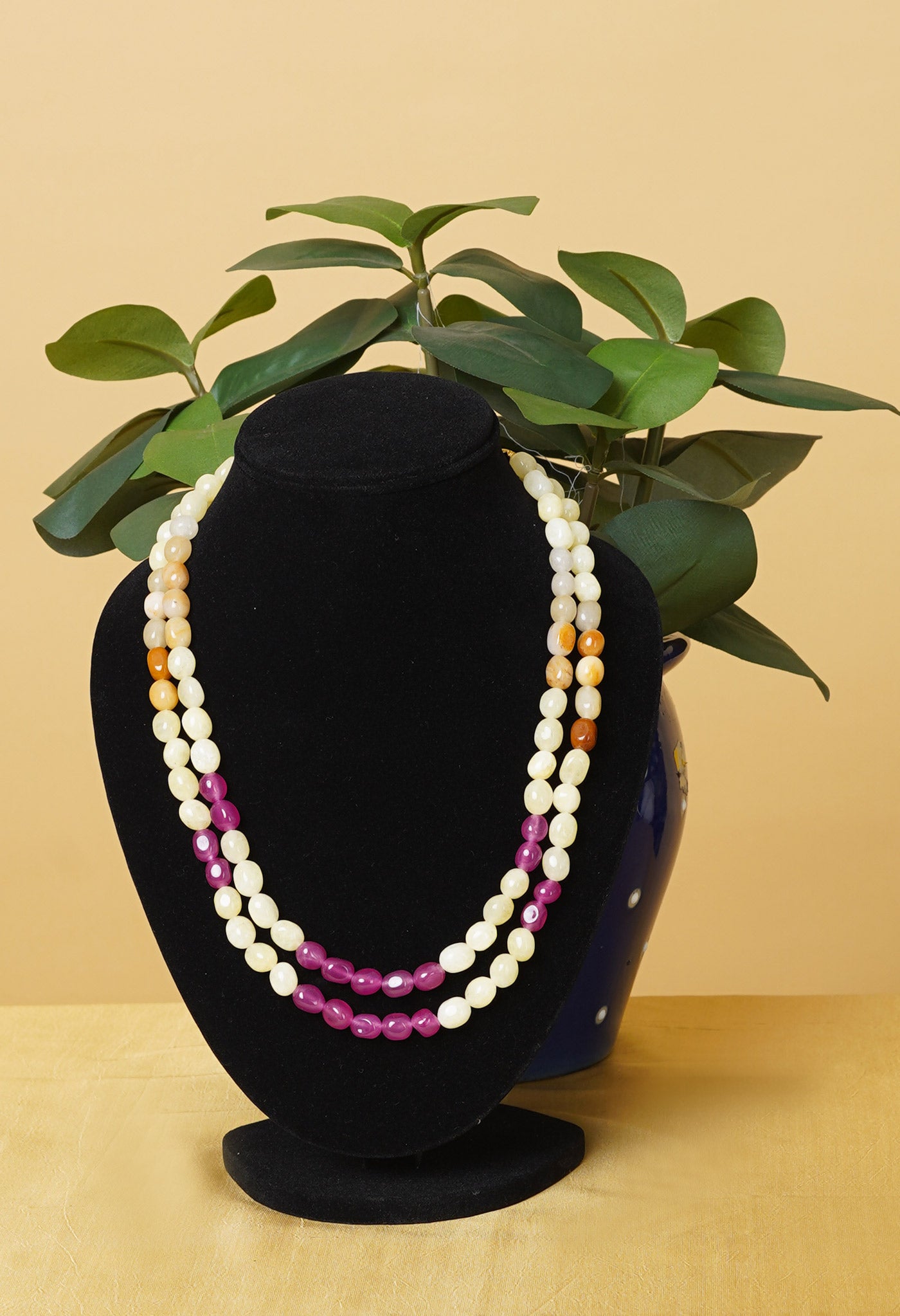 Cream-Pink Amravati Oval Beads Necklace-UJ480