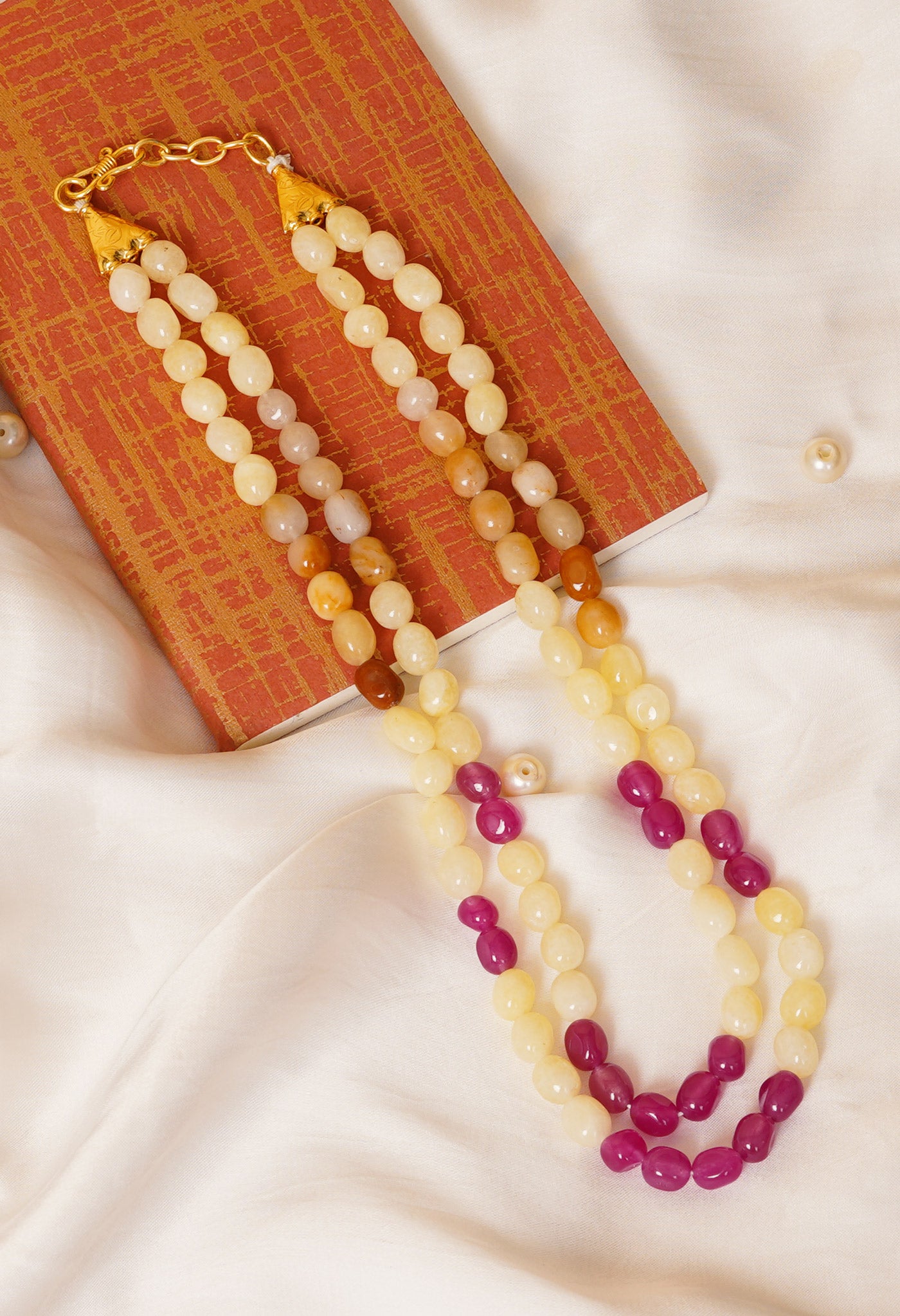 Cream-Pink Amravati Oval Beads Necklace-UJ480