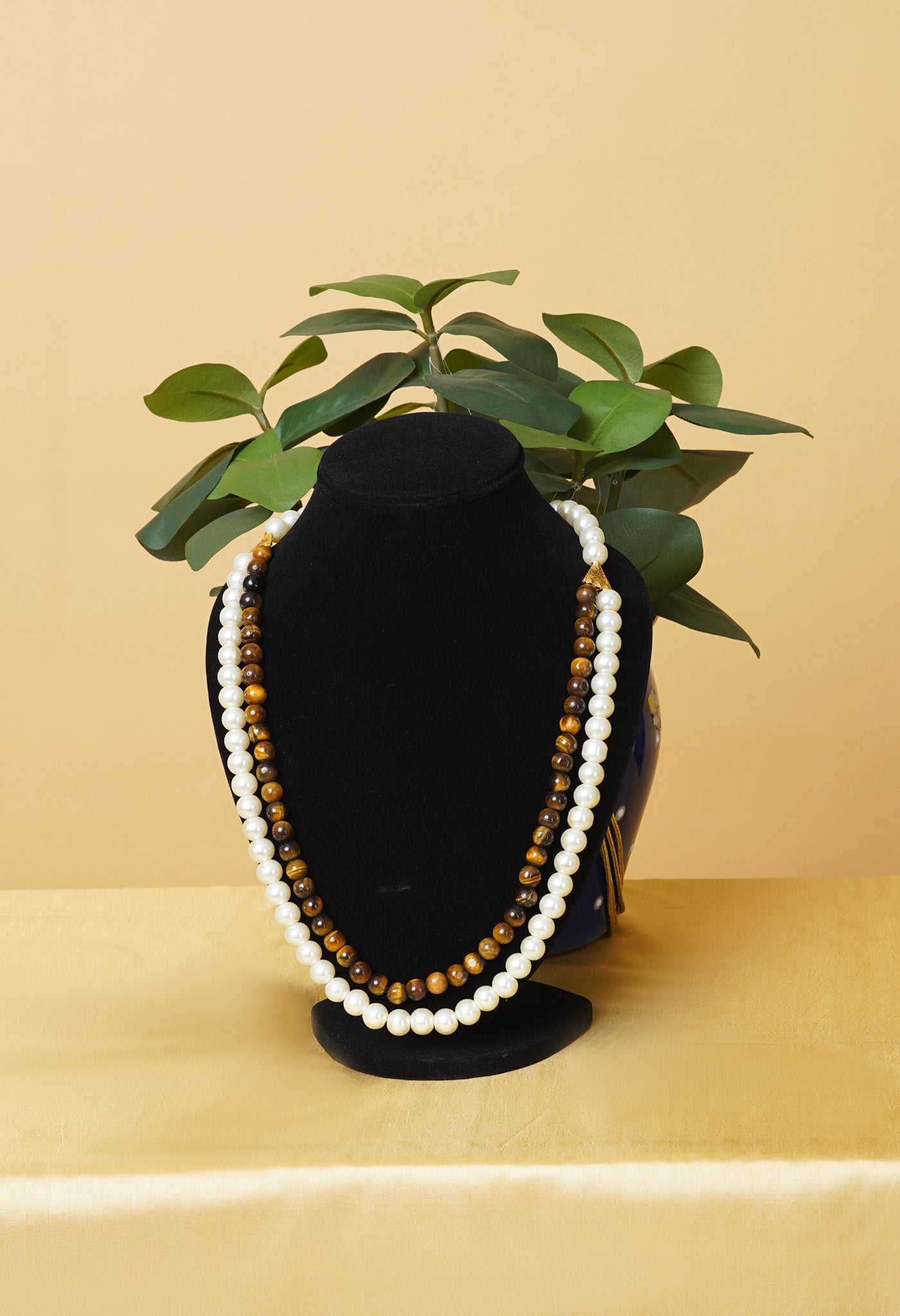 White-Brown Amravati Pearls with Ocean Beads Necklace-UJ483