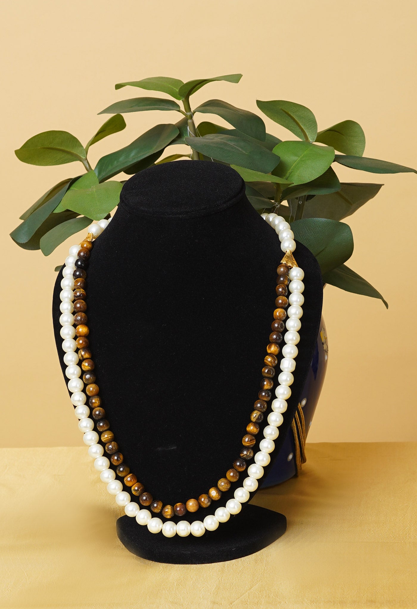 White-Brown Amravati Pearls with Ocean Beads Necklace-UJ483