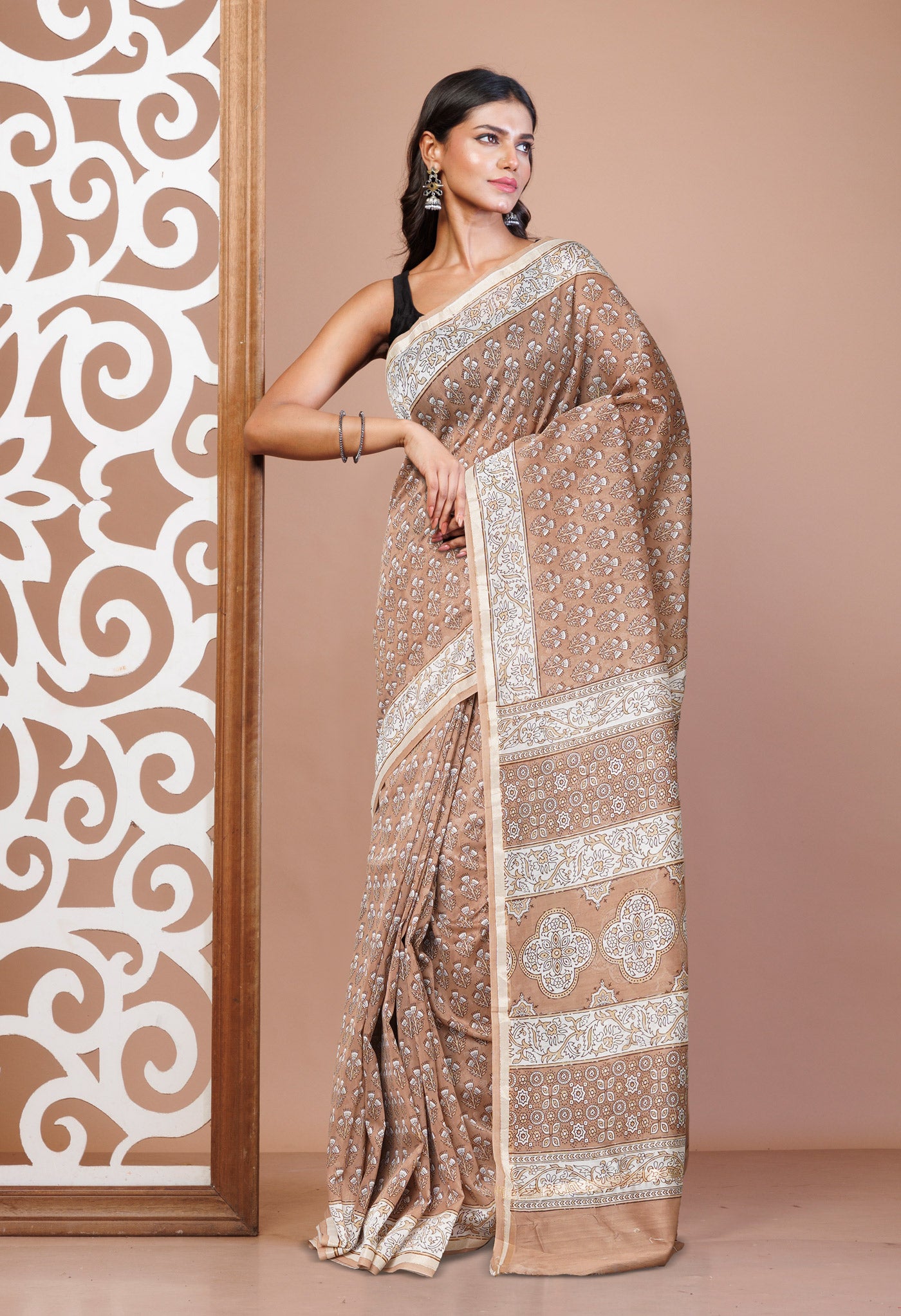 Brown Screen Printed Chanderi Sico Saree-UNM63113