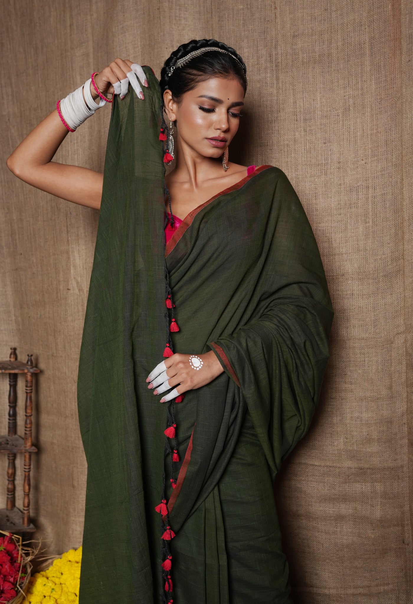 Green Pure Cotton Linen Saree With Tassels