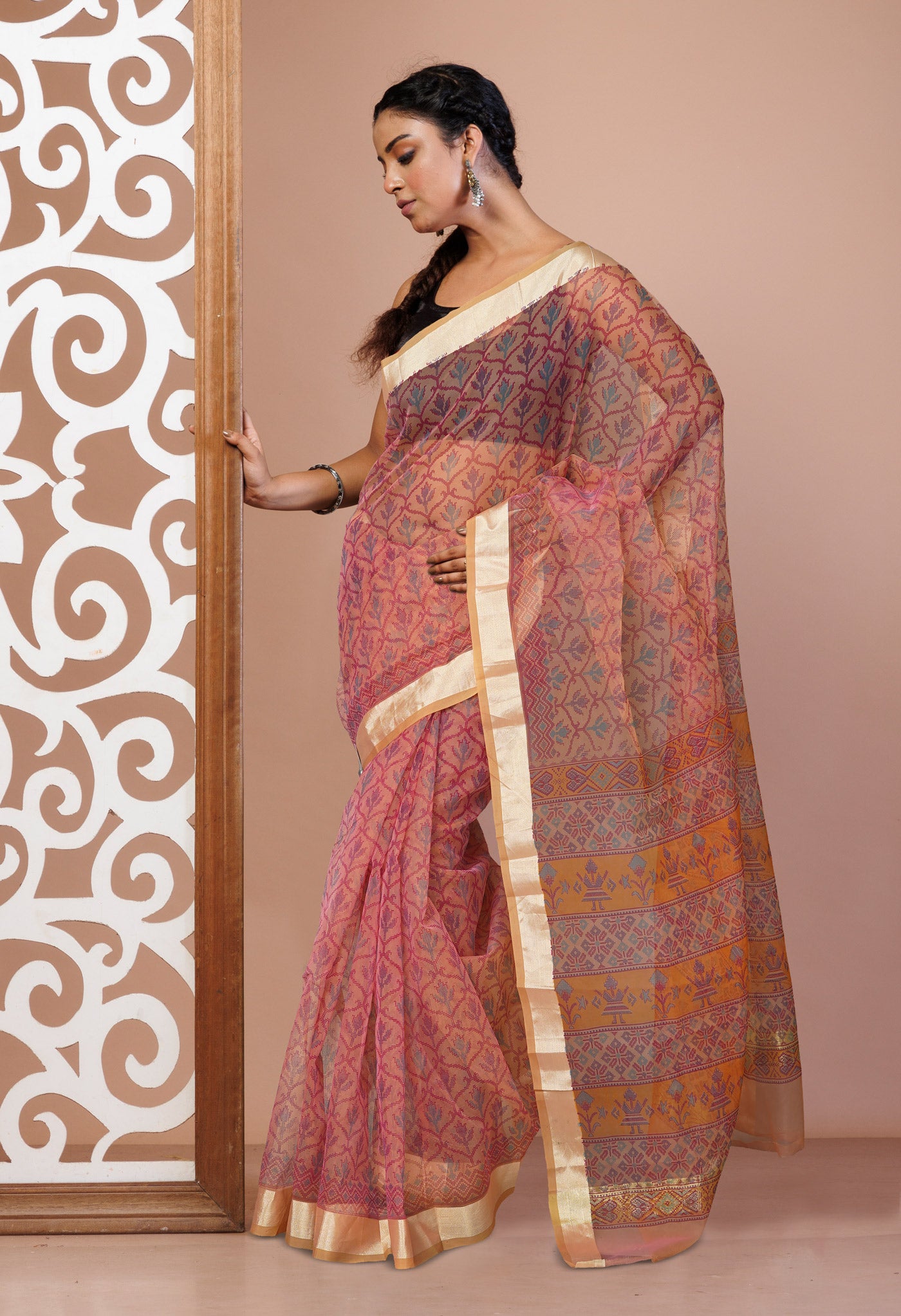 Orange Screen Printed Organza Saree-UNM66335