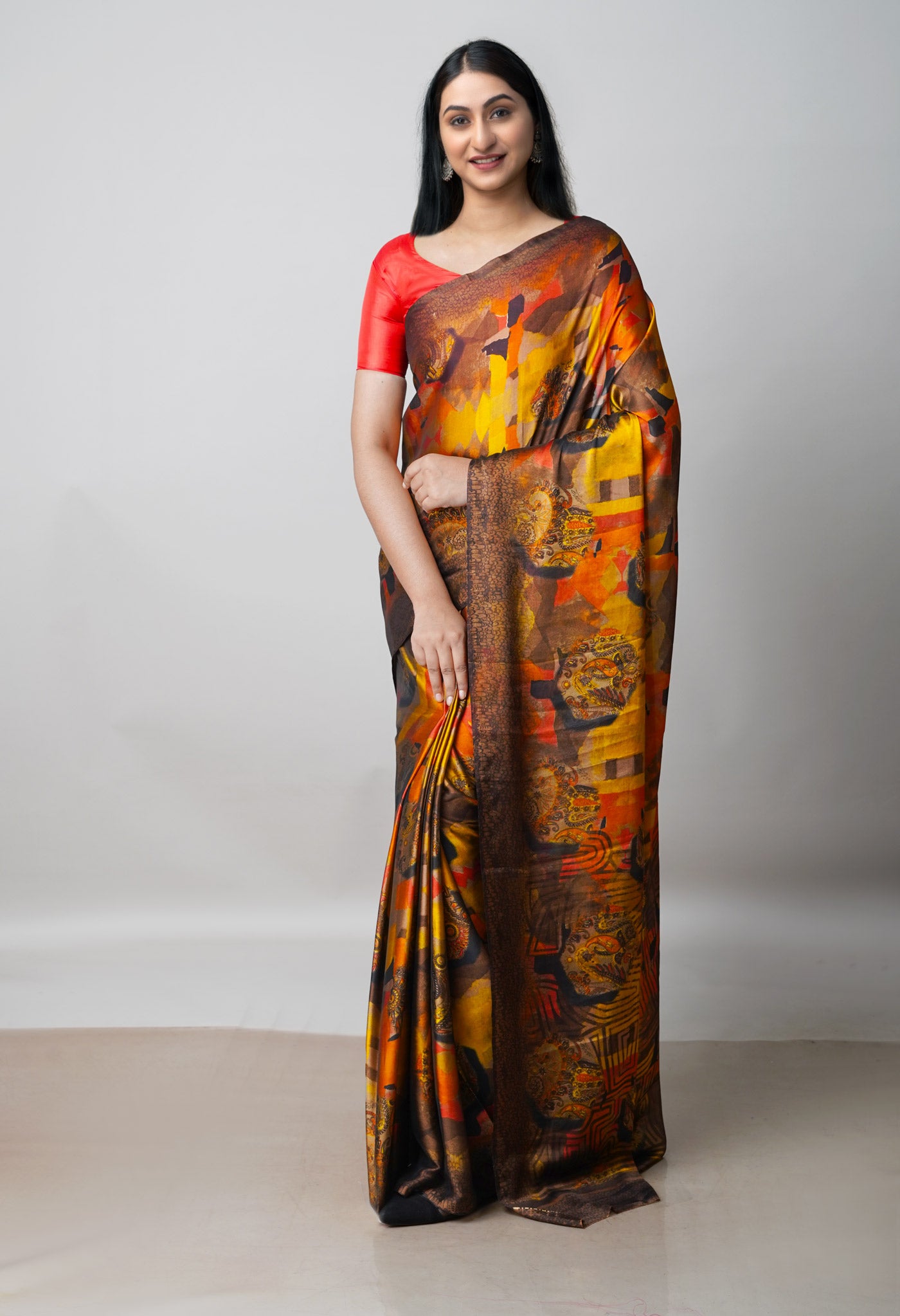 Multi Fancy Block Printed Crepe Silk Saree