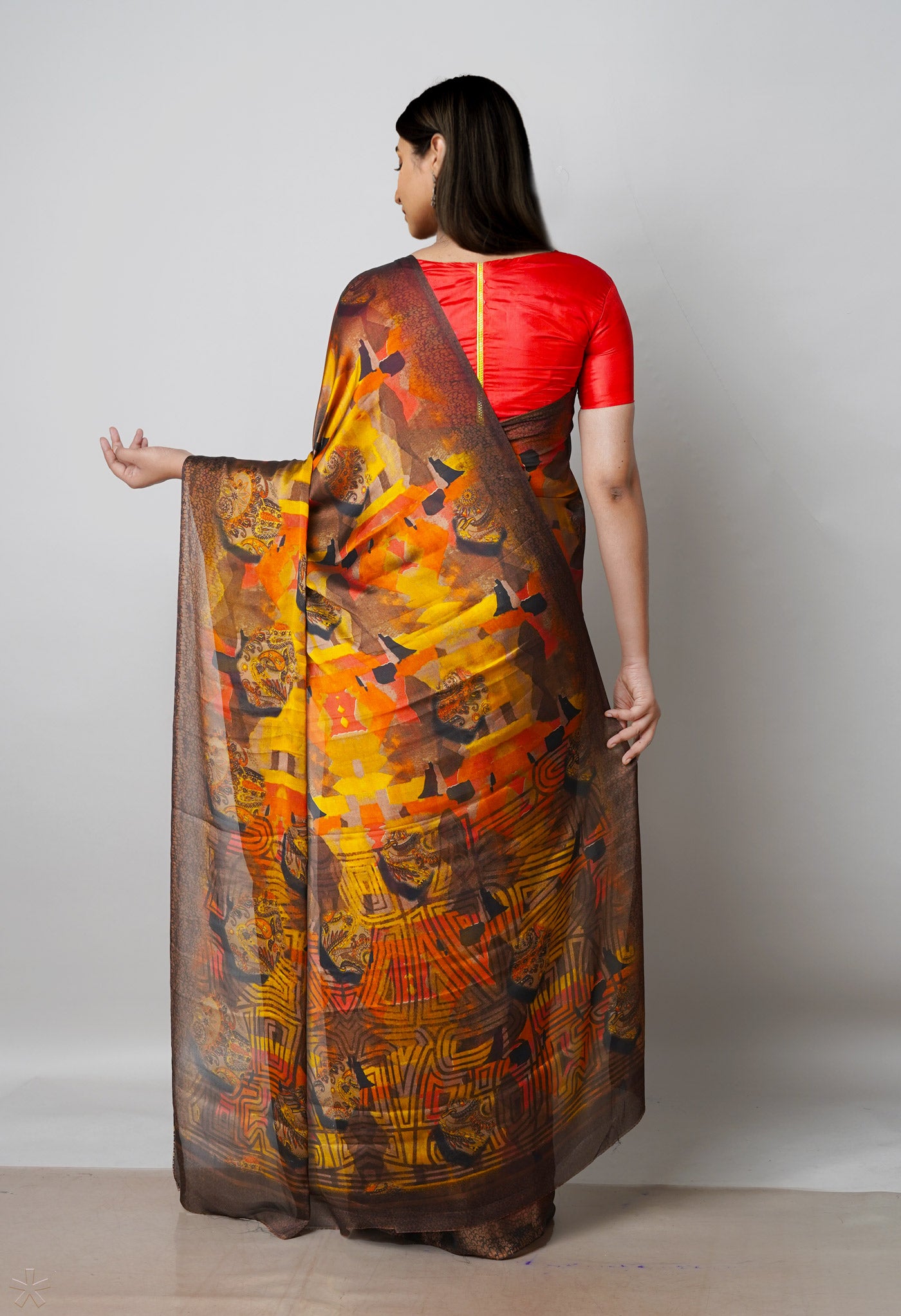 Multi Fancy Block Printed Crepe Silk Saree