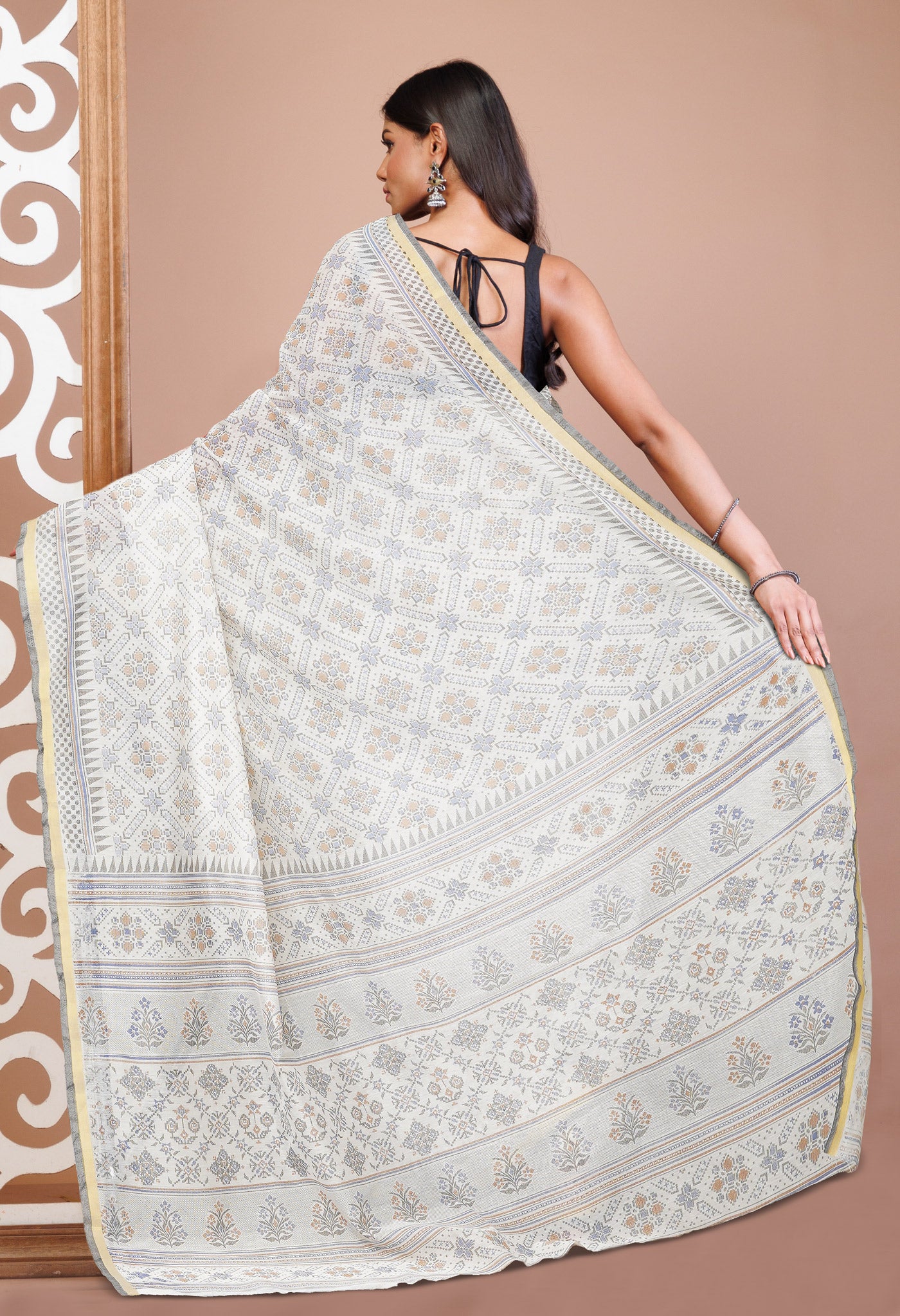 Ivory Block Printed Chanderi Sico Saree-UNM69251