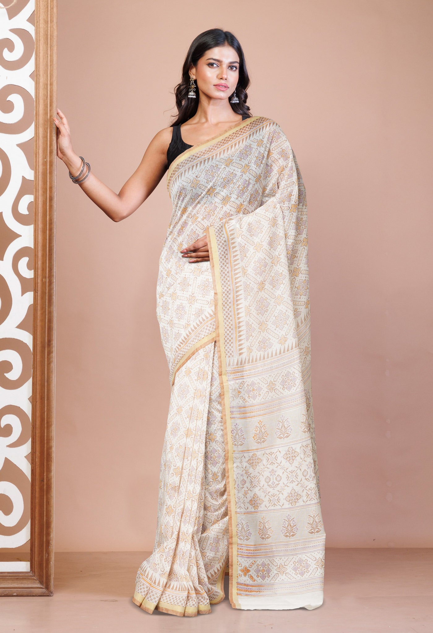 Ivory Block Printed Chanderi Sico Saree-UNM69252