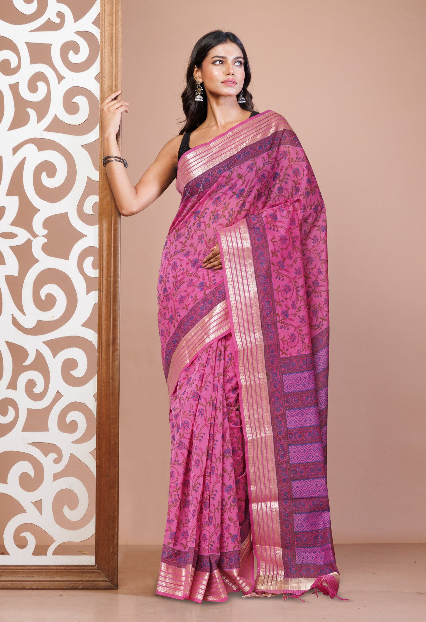 Pink Pure Handloom Chanderi Sico Saree-UNM70126