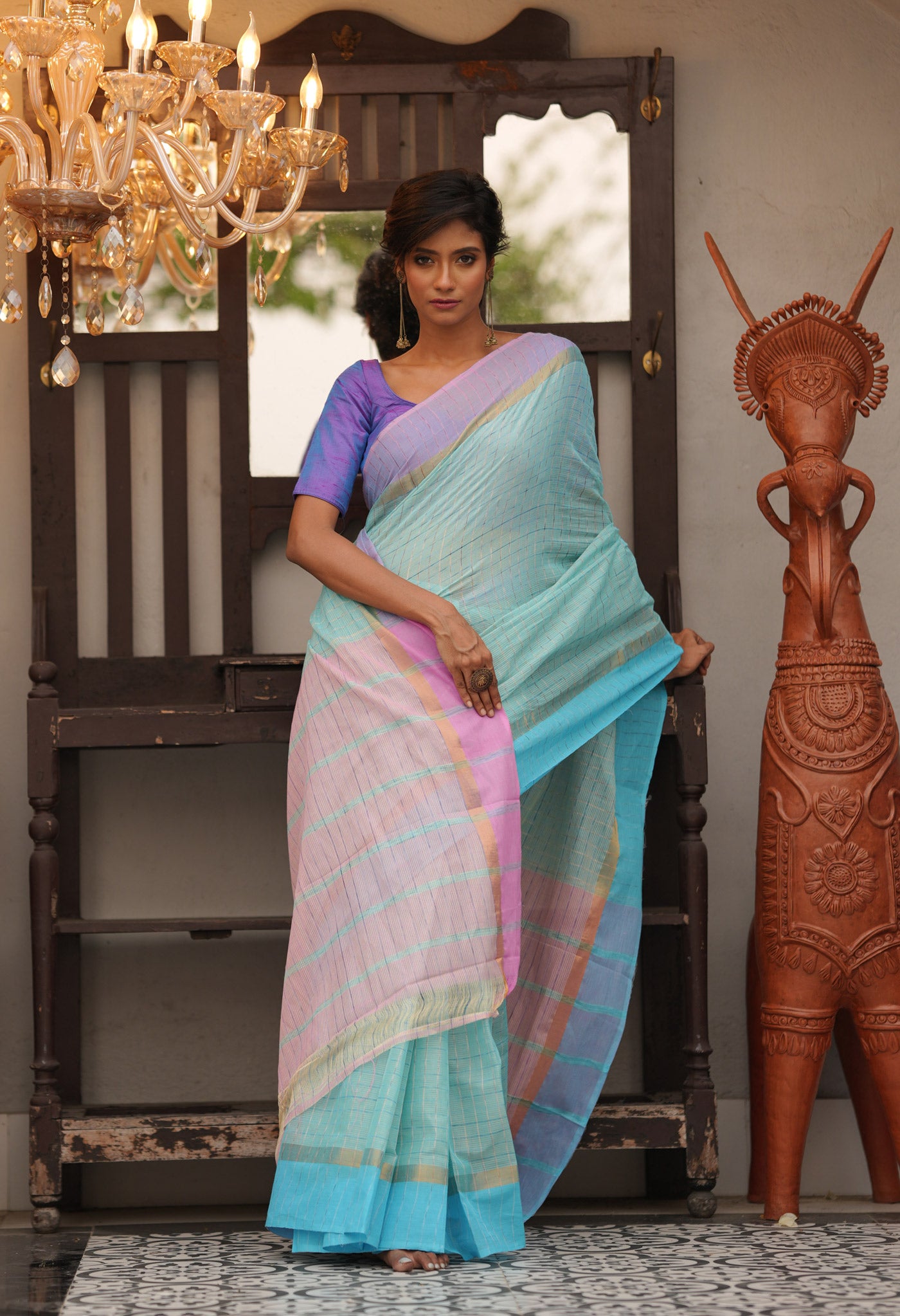 Blue Pure Handloom Mangalagiri Cotton Saree-UNM70967