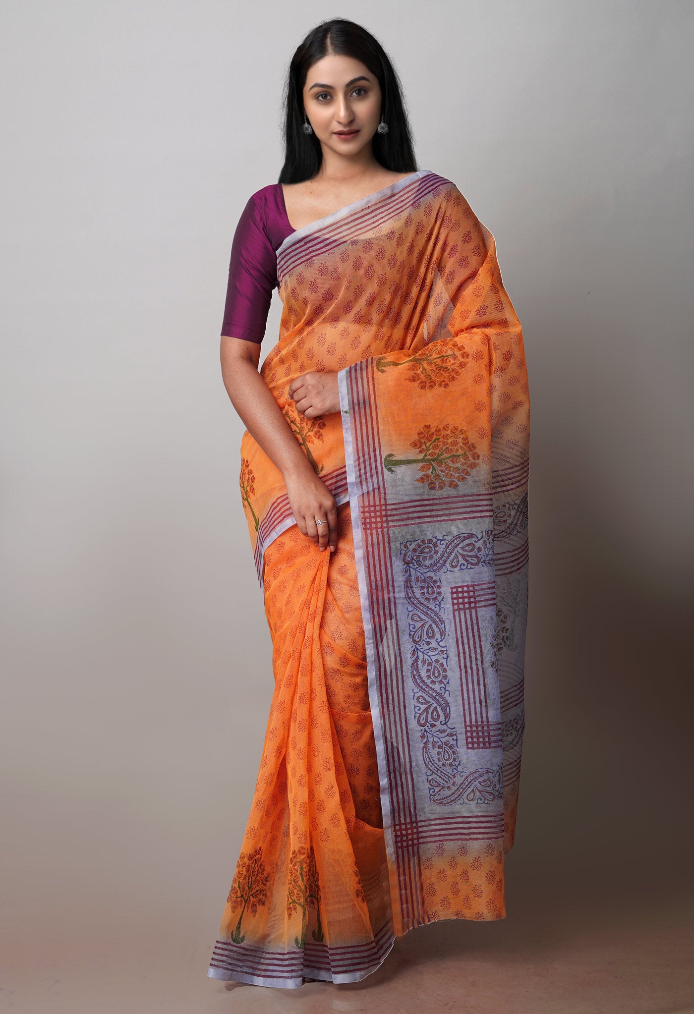 Orange  Block Printed Supernet  Saree-UNM71362