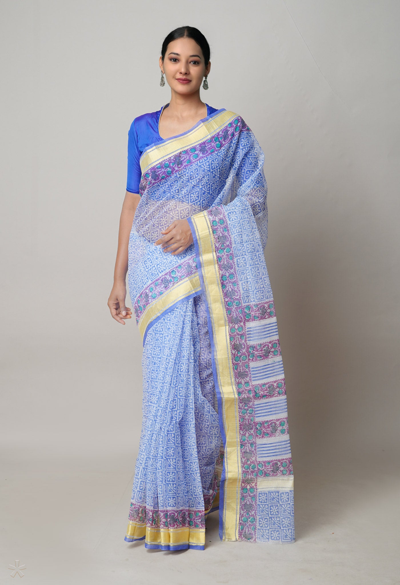 Blue Pure Block Printed Kota Cotton Saree-UNM71567