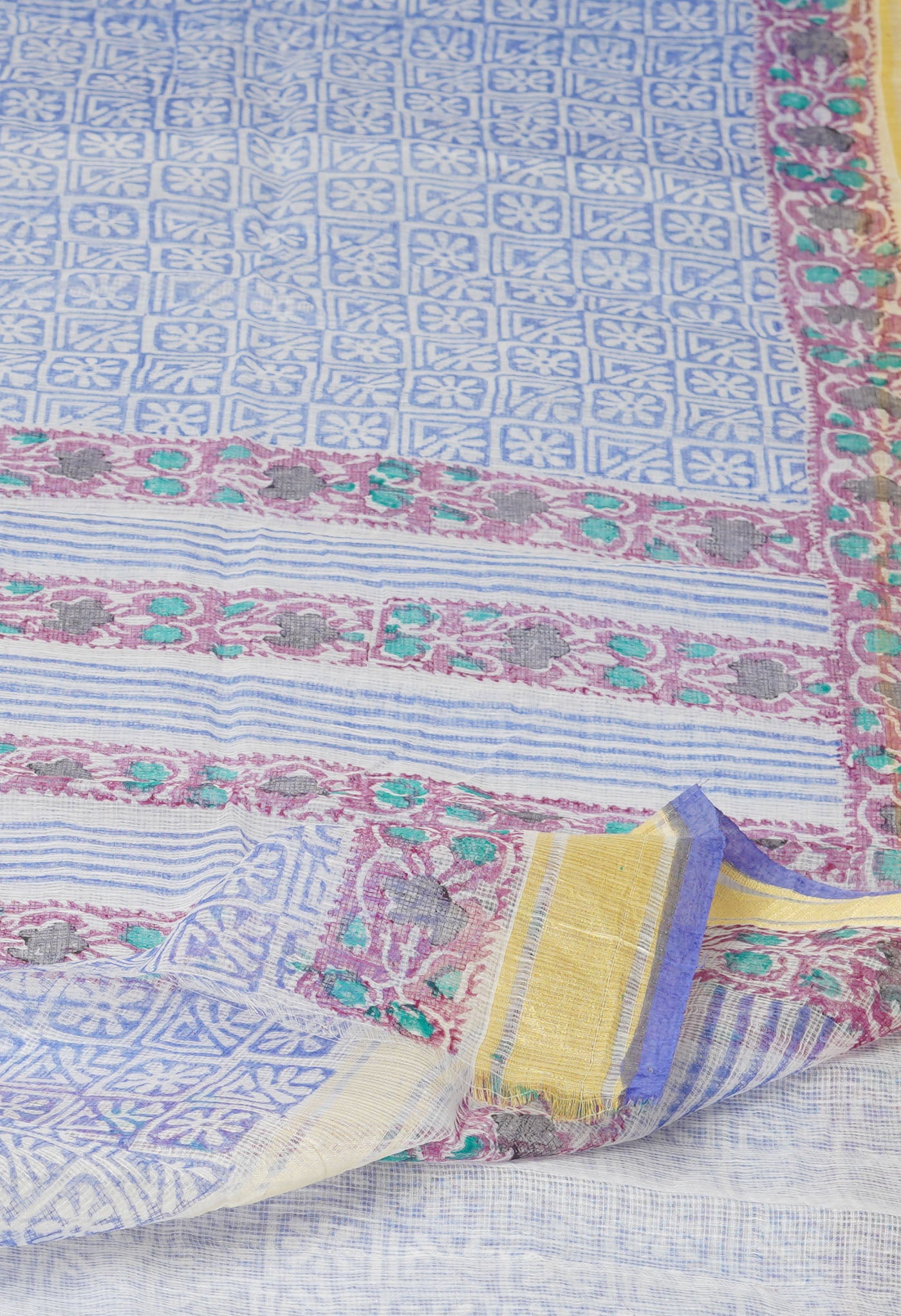 Blue Pure Block Printed Kota Cotton Saree-UNM71567