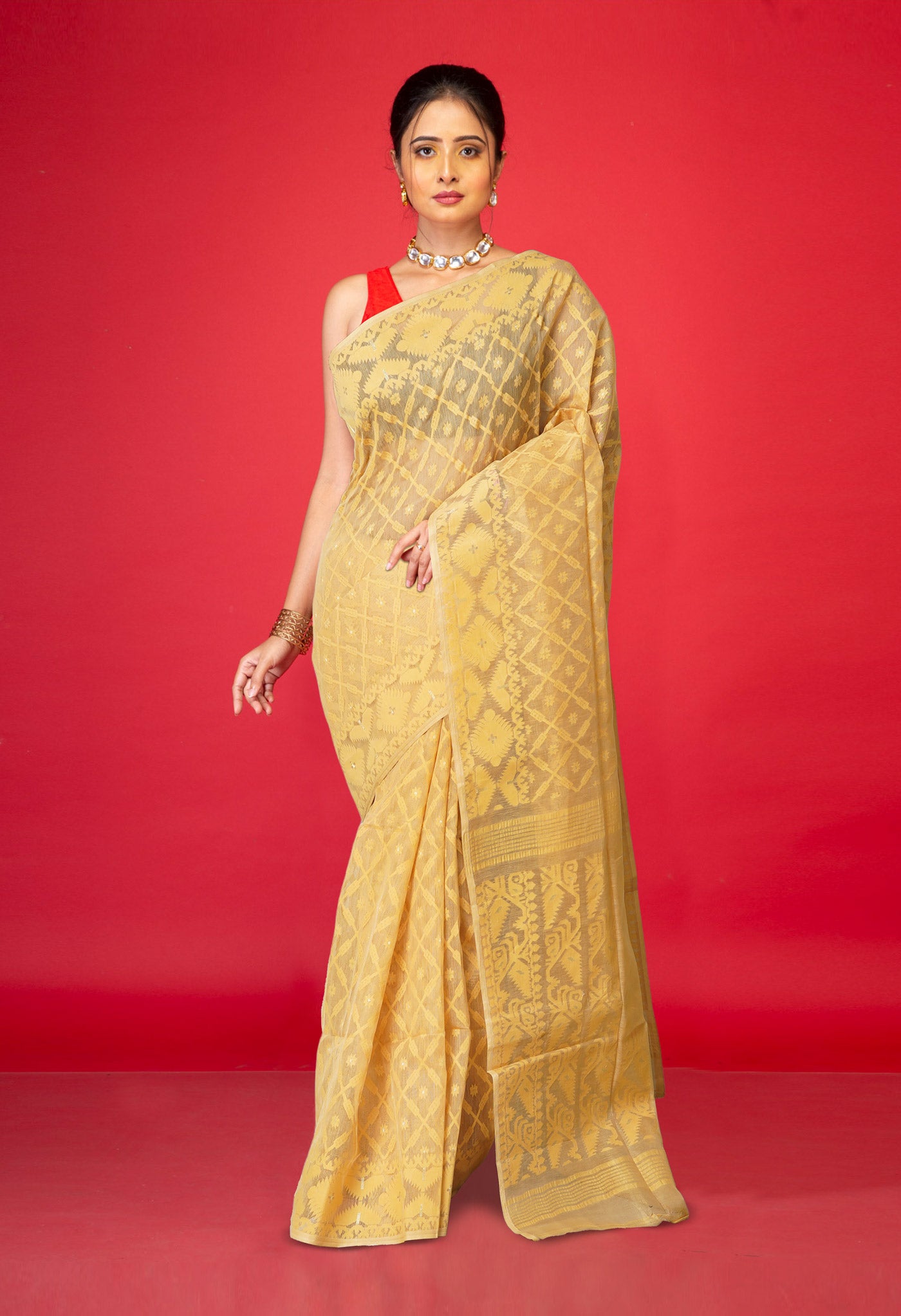 Beige Pure Handloom Dhaka Jamdhani Bengal Cotton Saree-UNM71875