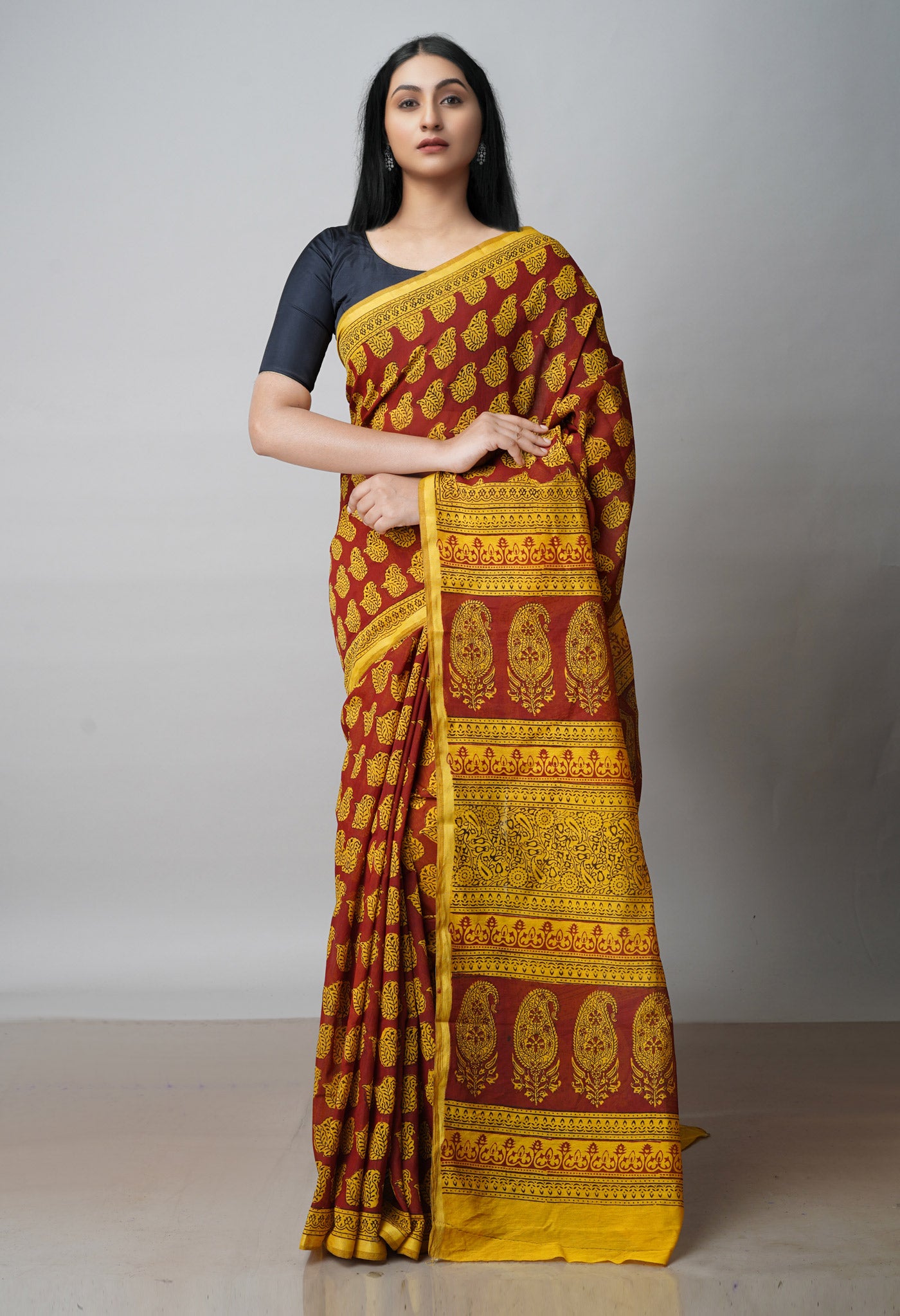 Wine Red  Art Chanderi Bagh Printed Cotton Saree-UNM71978