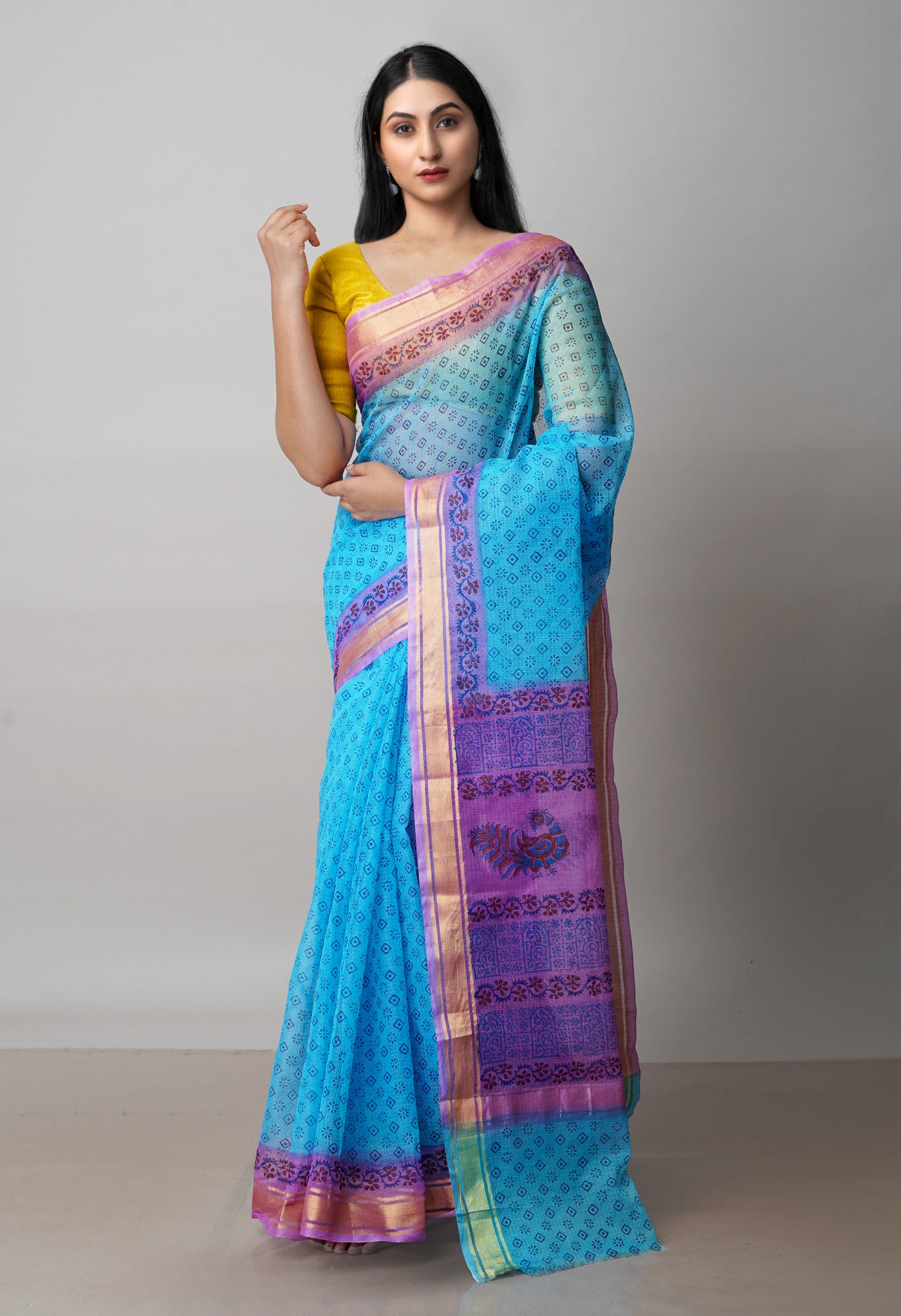 Blue Pure  Block Printed Kota Cotton Saree-UNM72048