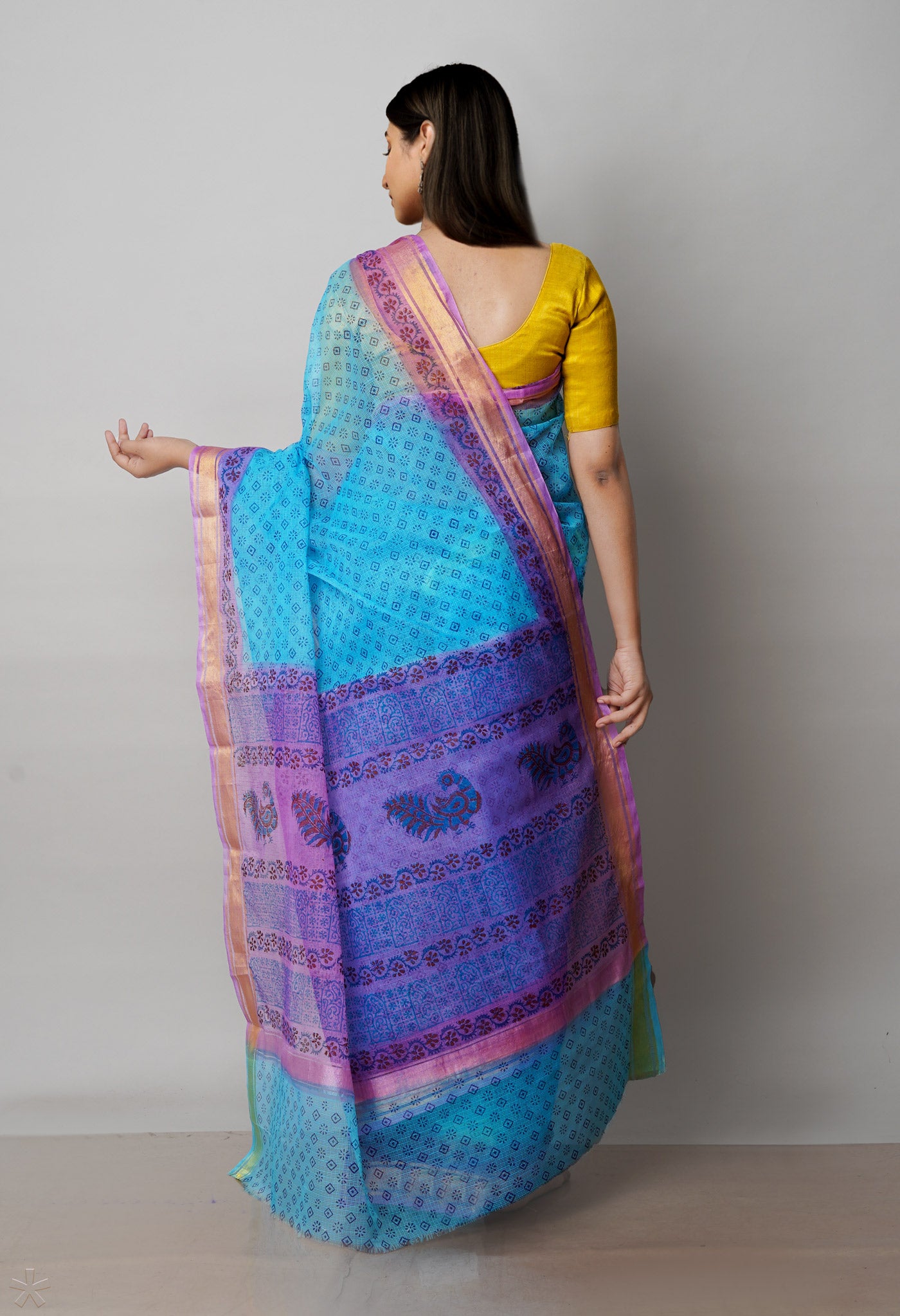 Blue Pure  Block Printed Kota Cotton Saree-UNM72048