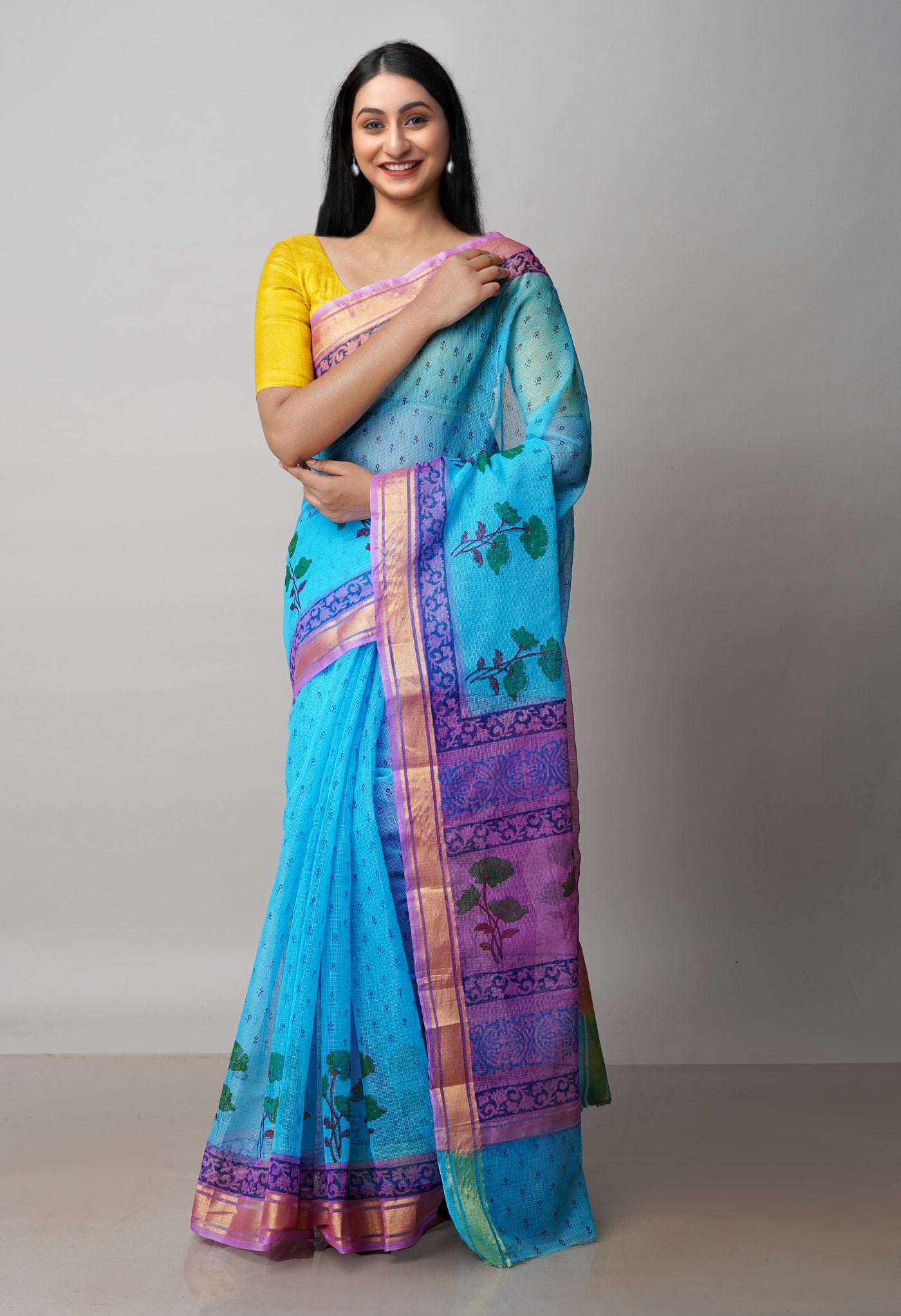 Blue Pure  Block Printed Kota Cotton Saree-UNM72059