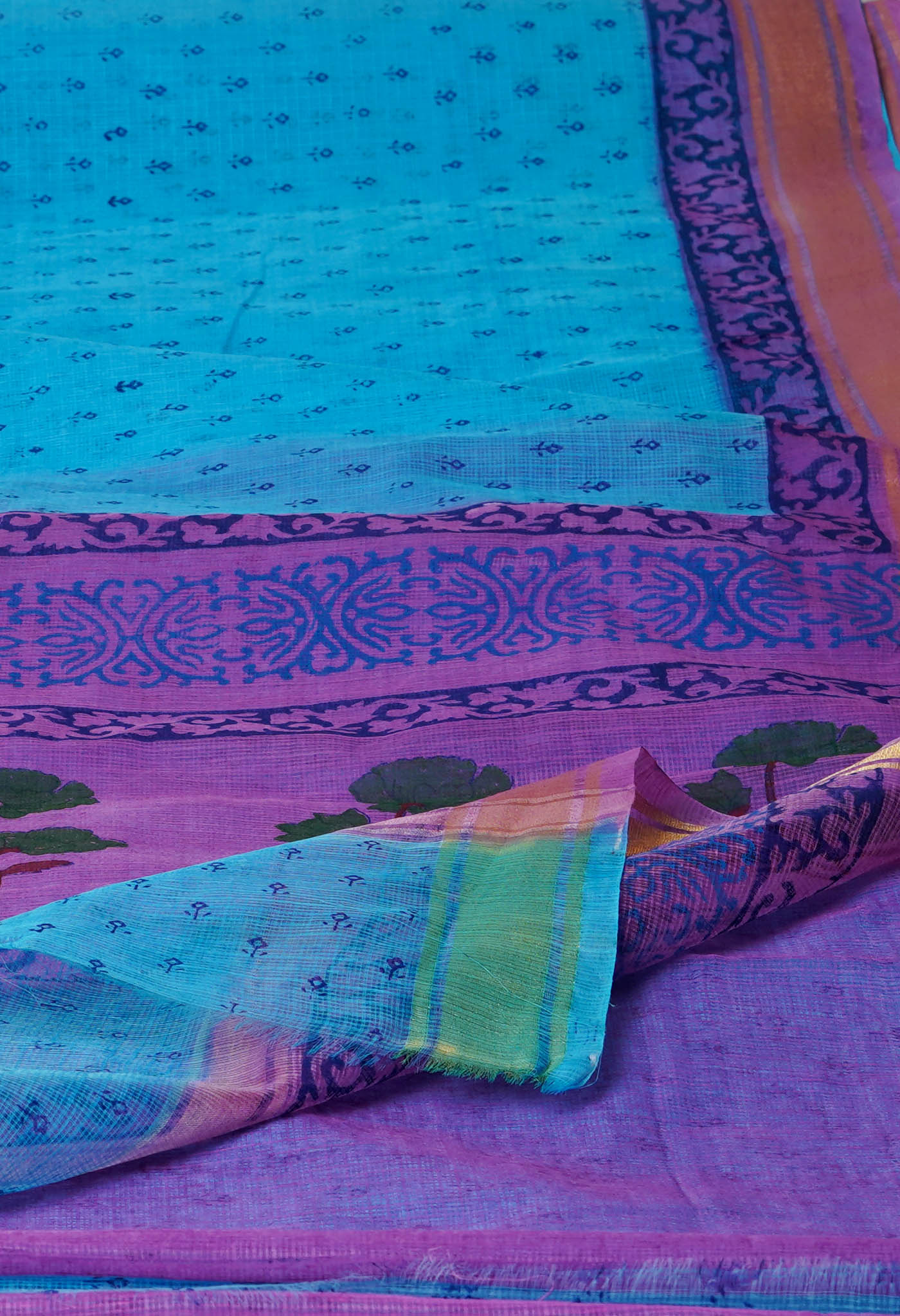 Blue Pure  Block Printed Kota Cotton Saree-UNM72059