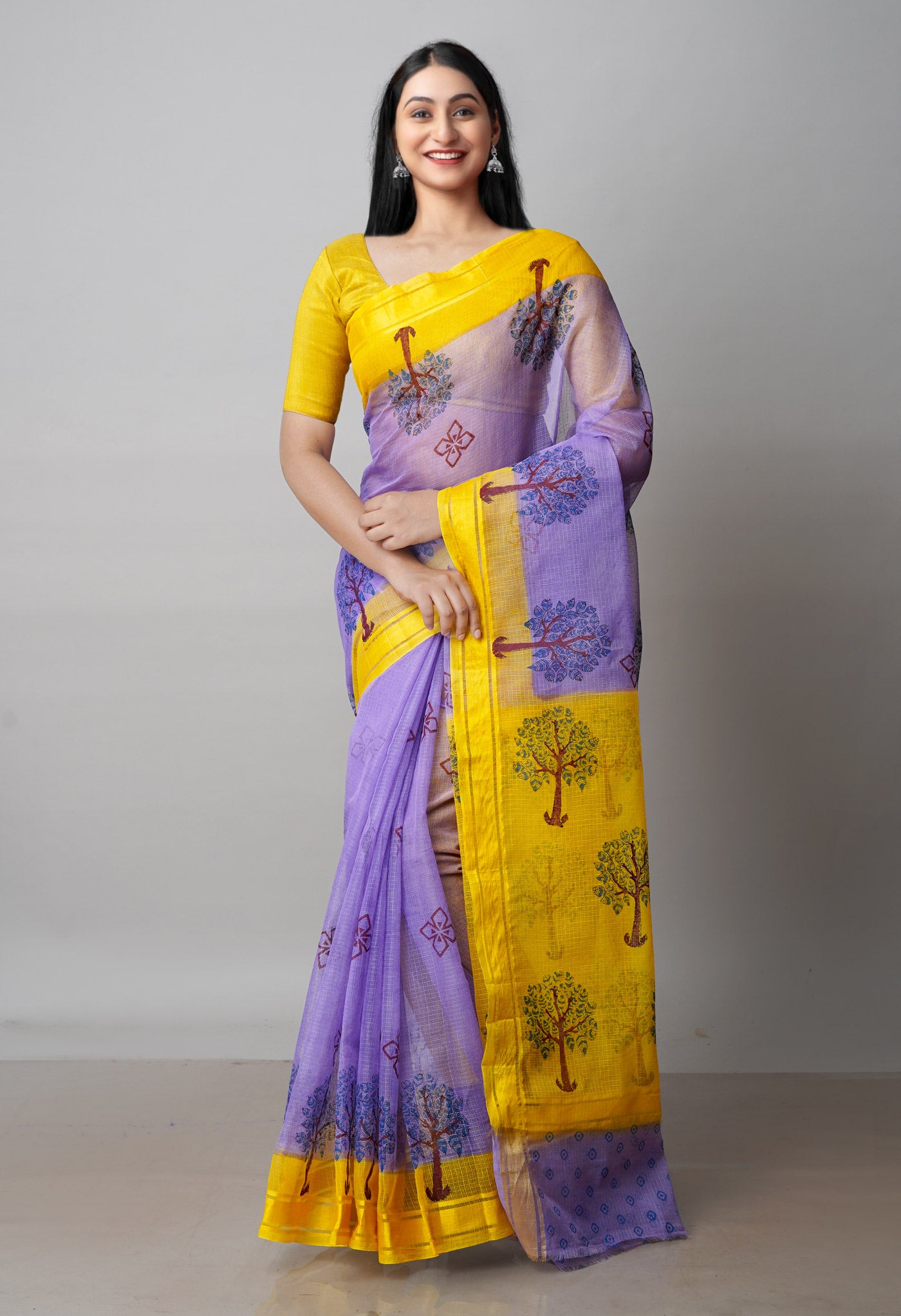 Violet Pure  Block Printed Kota Cotton Saree-UNM72065