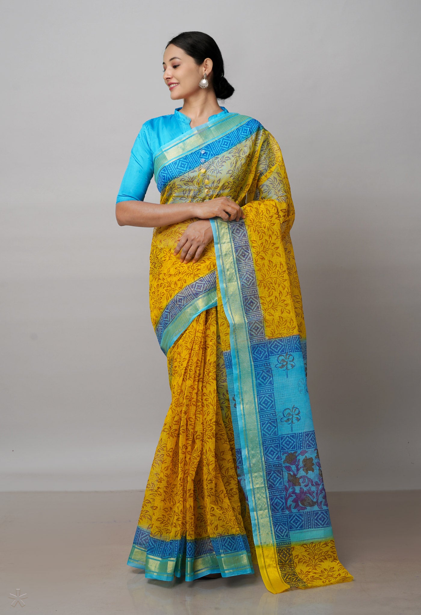 Yellow Pure  Block Printed Kota Cotton Saree-UNM72074