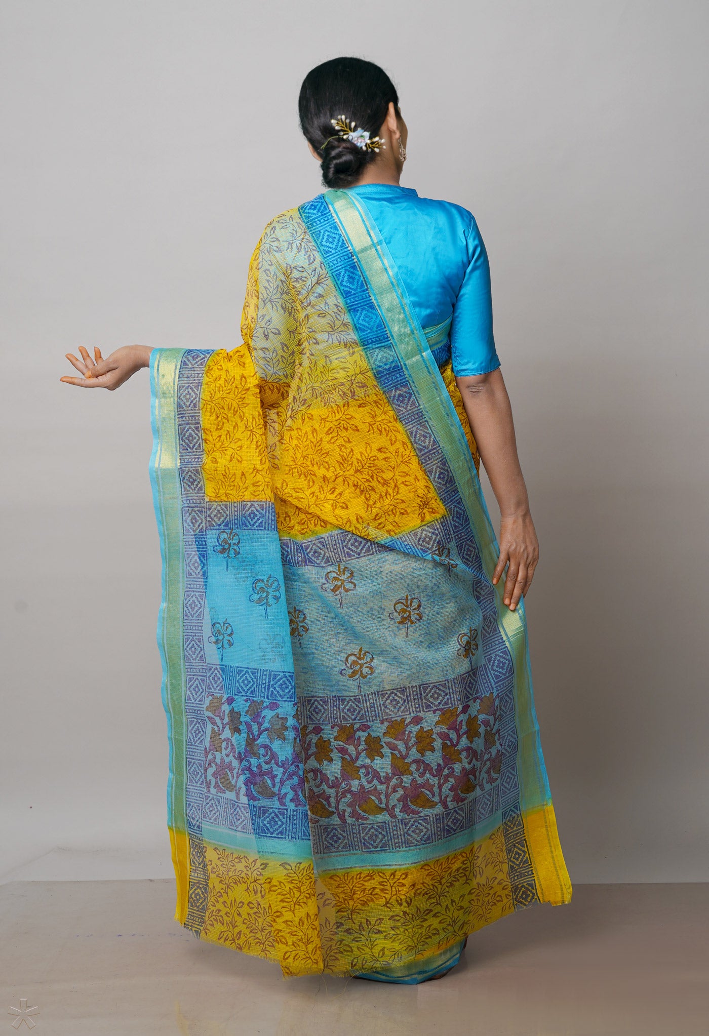 Yellow Pure  Block Printed Kota Cotton Saree-UNM72074