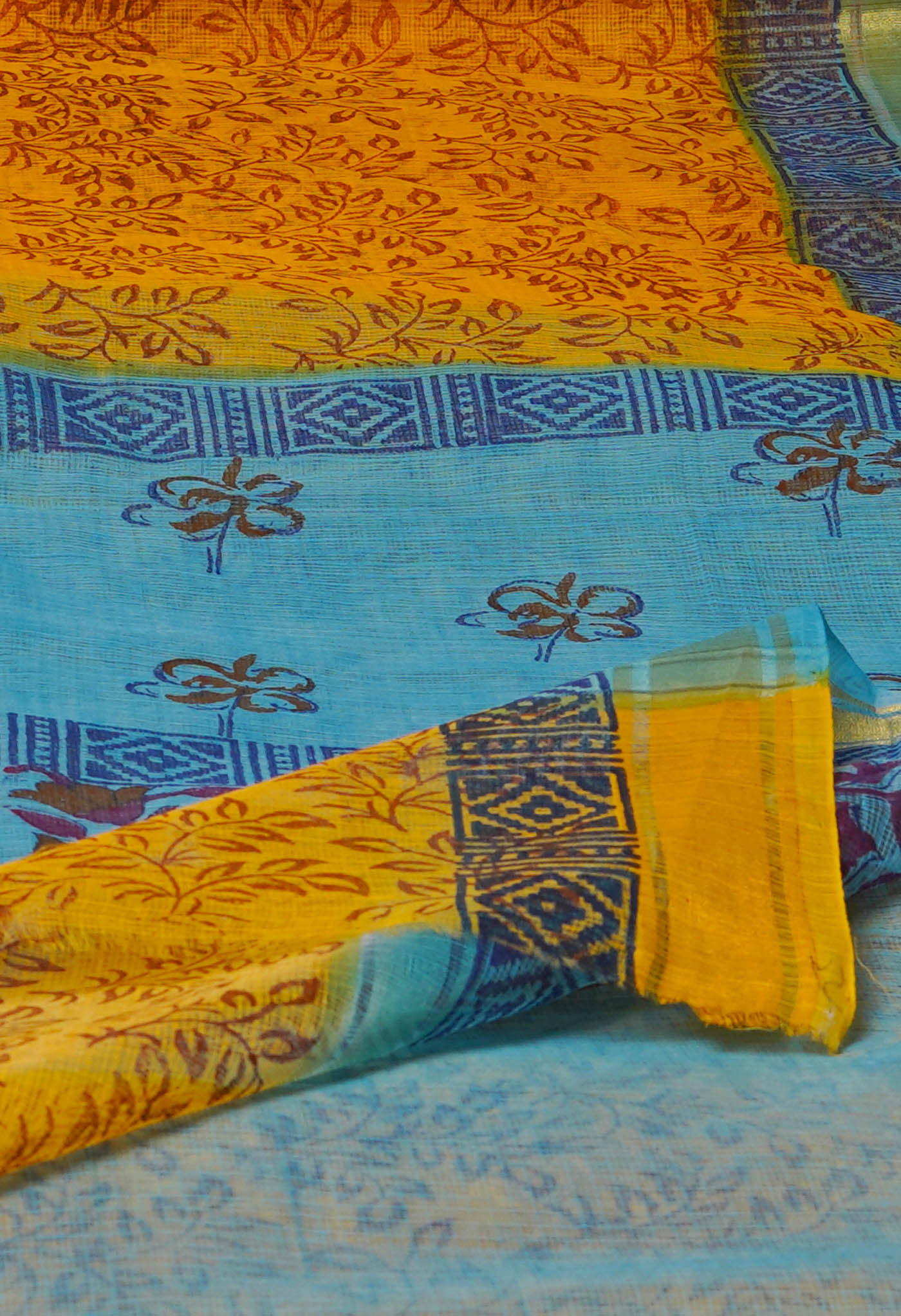 Yellow Pure  Block Printed Kota Cotton Saree-UNM72074