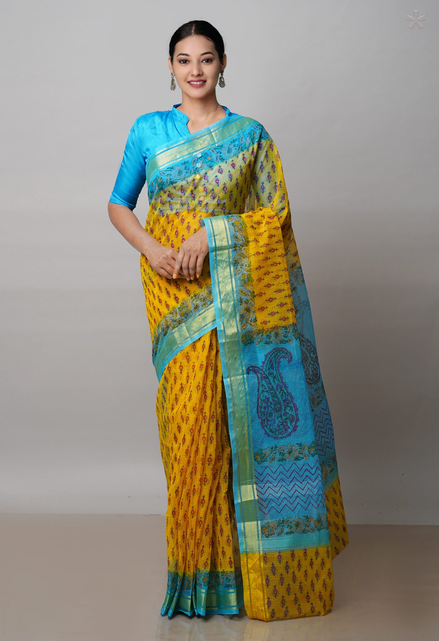 Yellow Pure  Block Printed Kota Cotton Saree-UNM72104