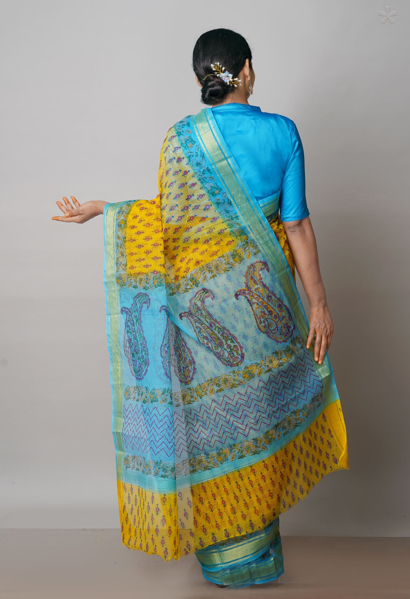 Yellow Pure  Block Printed Kota Cotton Saree-UNM72104