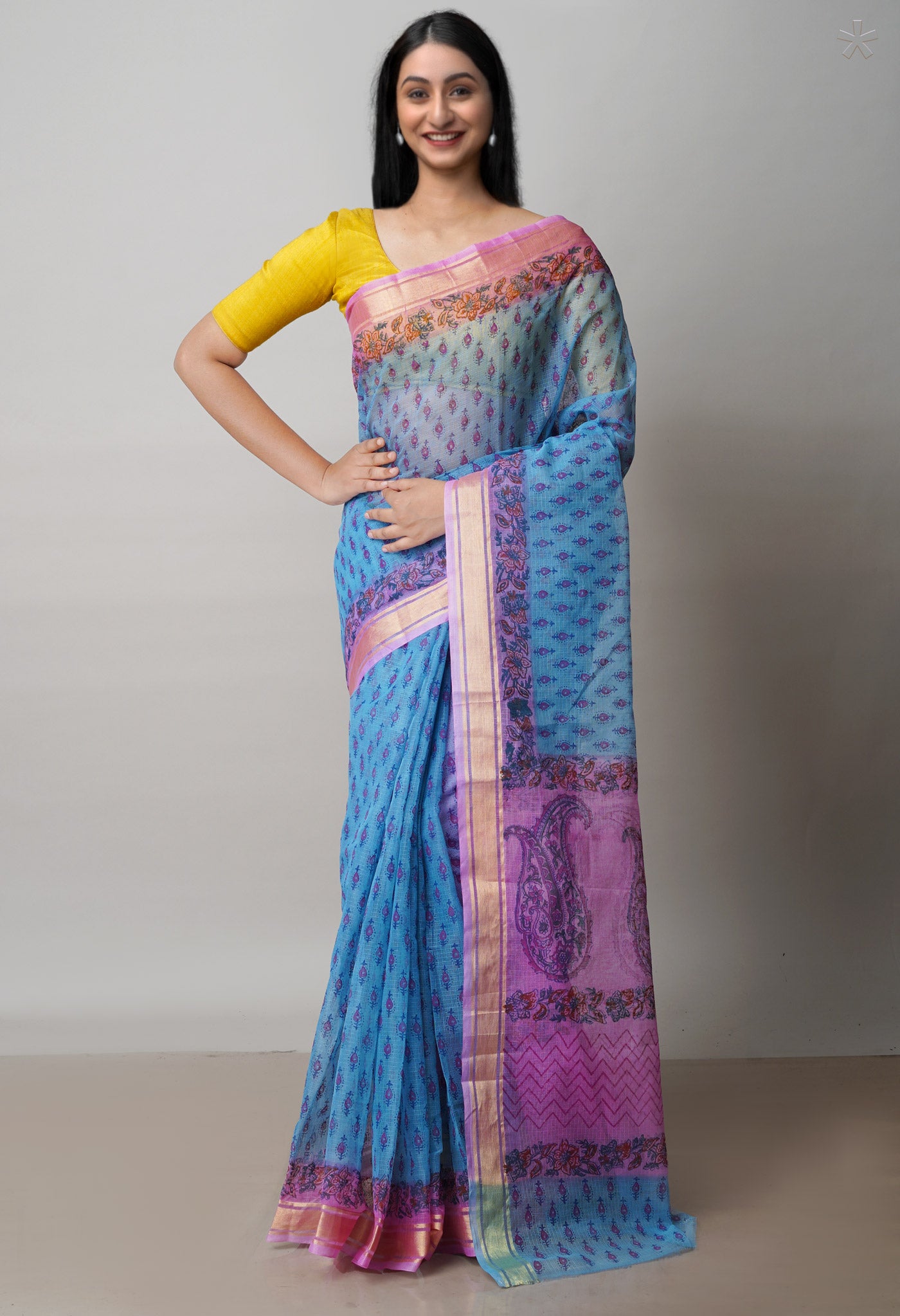 Blue Pure  Block Printed Kota Cotton Saree-UNM72105