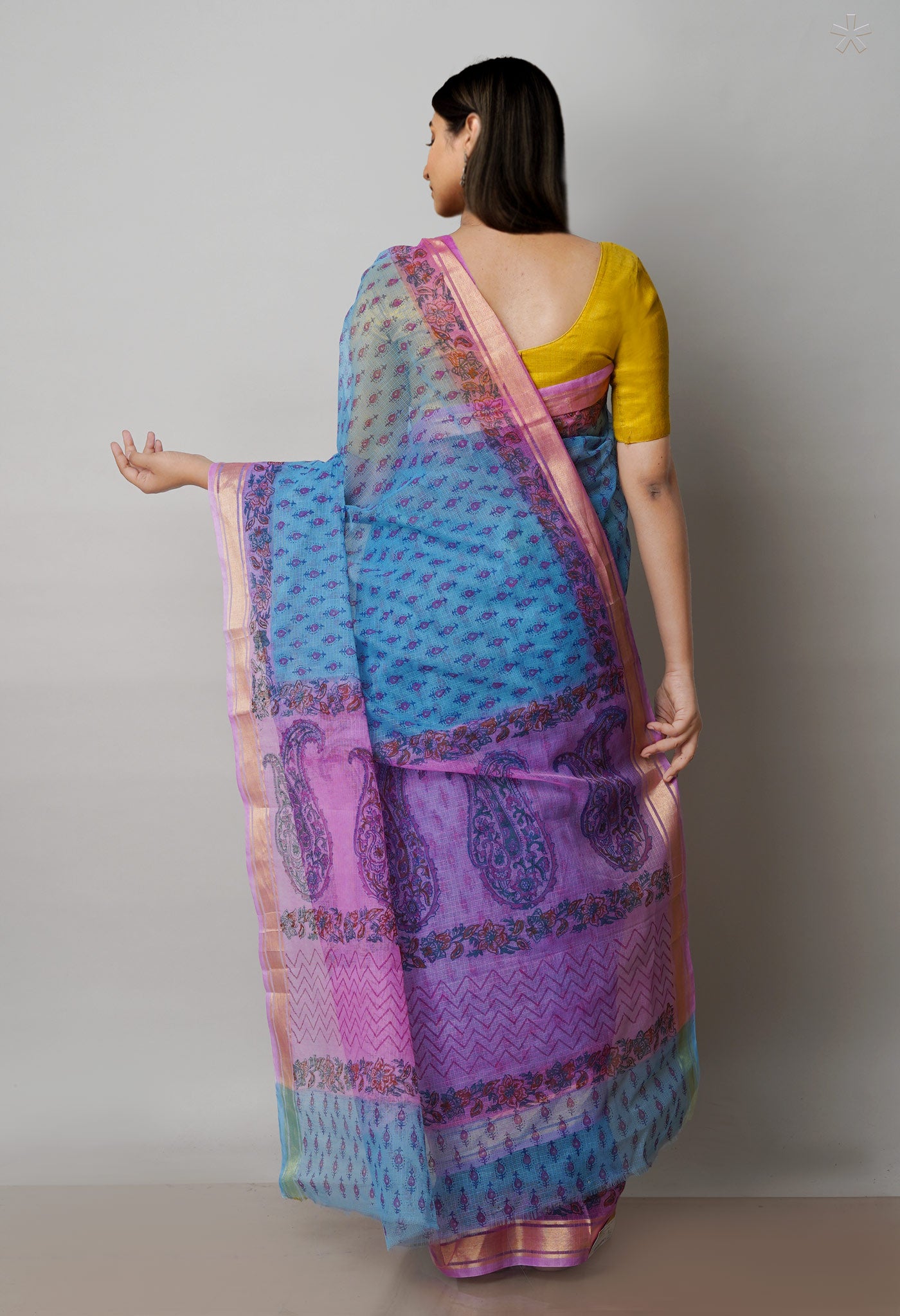 Blue Pure  Block Printed Kota Cotton Saree-UNM72105