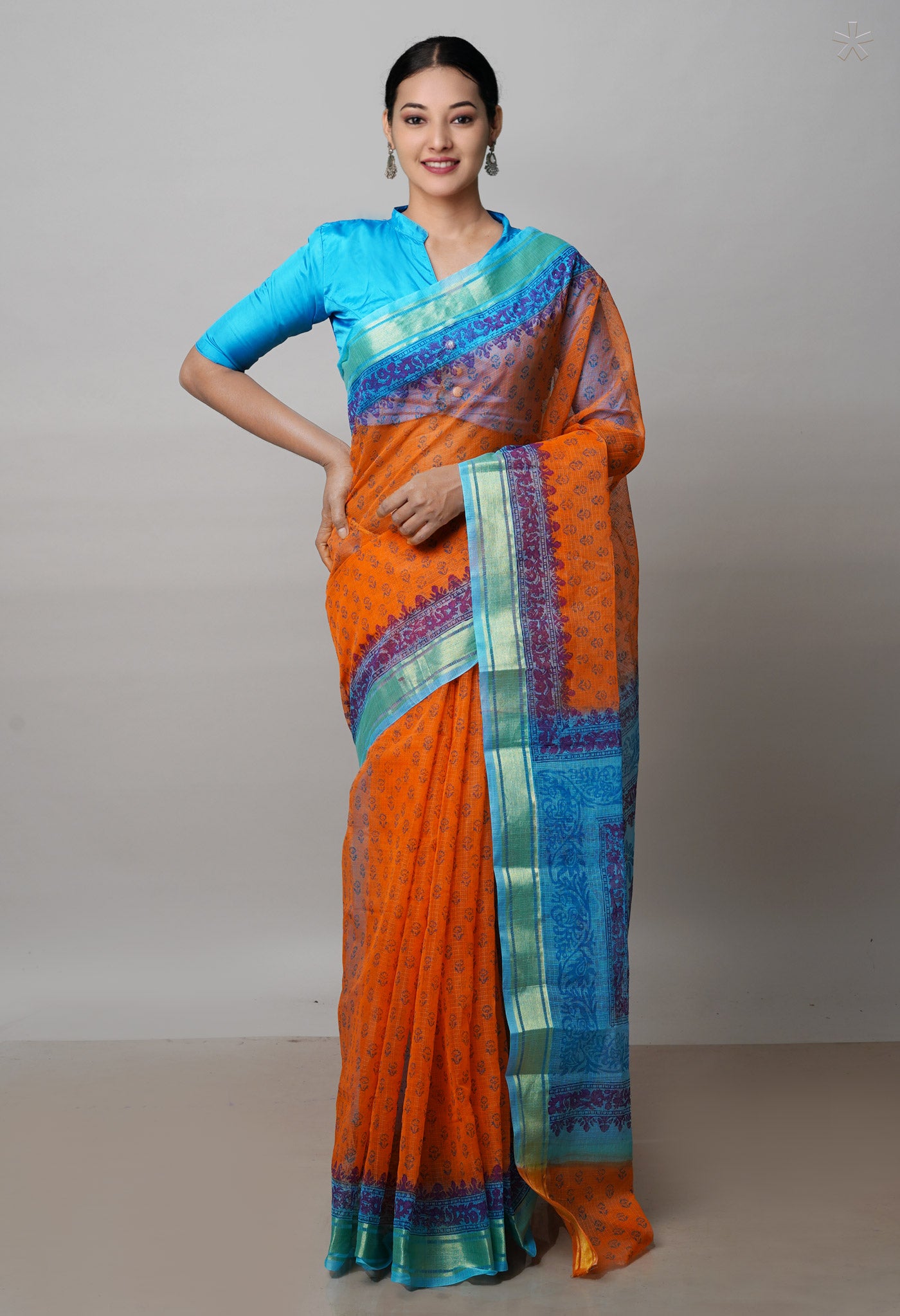 Orange Pure  Block Printed Kota Cotton Saree-UNM72117