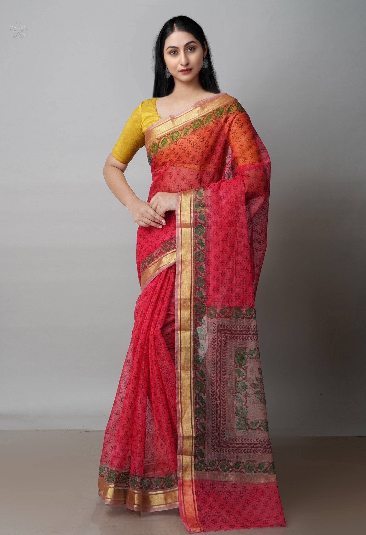 Red Pure  Block Printed Kota Cotton Saree-UNM72138