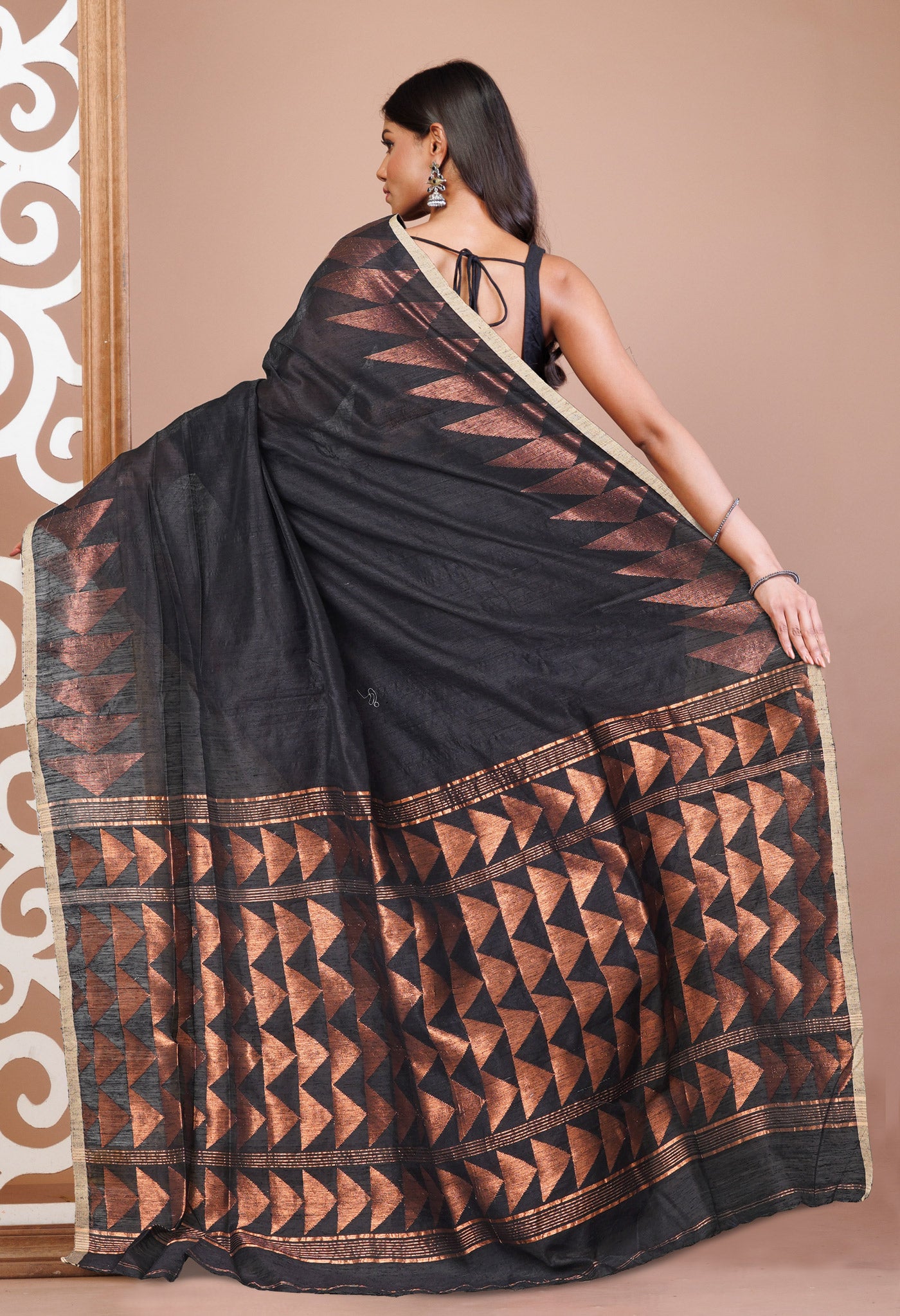 Black Pure Handloom Dupion Bengal Sico Saree-UNM72147