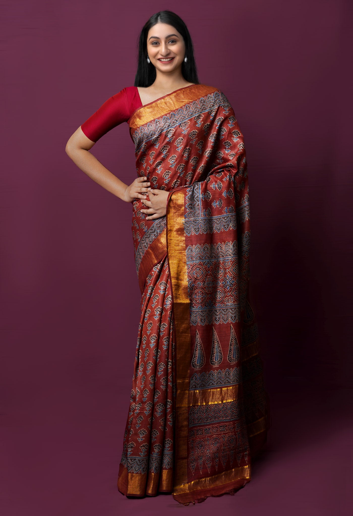 Dark Red Brown Pure Handloom Block Printed  Bengal Tussar Silk Saree-UNM72205