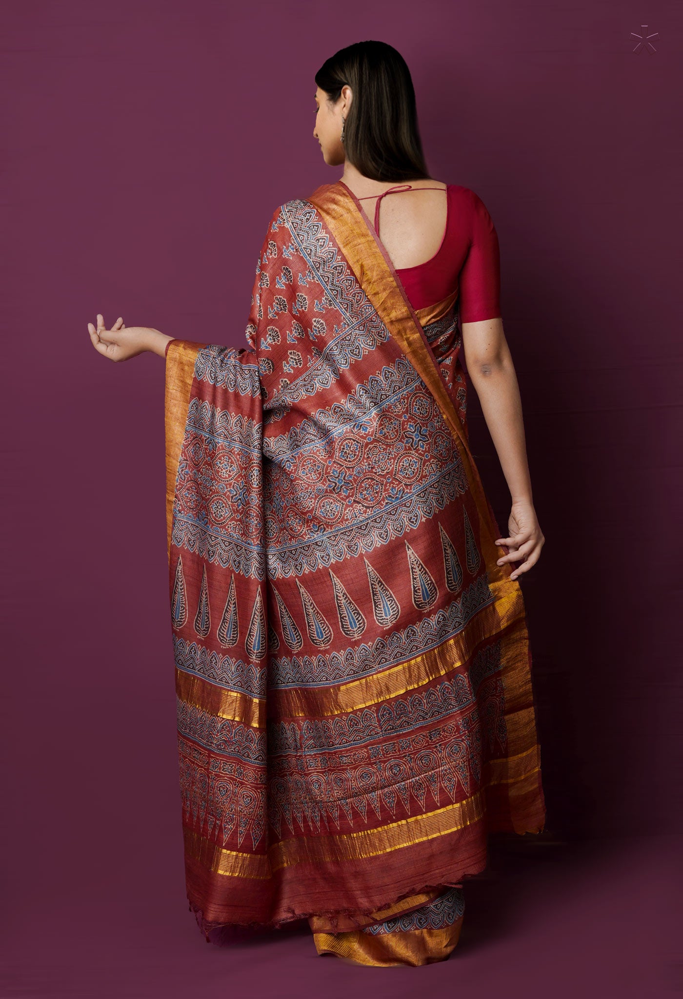 Dark Red Brown Pure Handloom Block Printed  Bengal Tussar Silk Saree-UNM72205